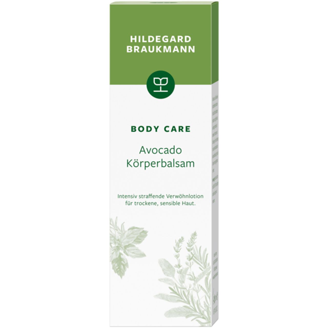 Verpackung von Avocado Körperbalsam. Aufschrift: Hildegard Braukmann, Body Care Avocado Körperbalsam. Mit Pflanzenabbildung.