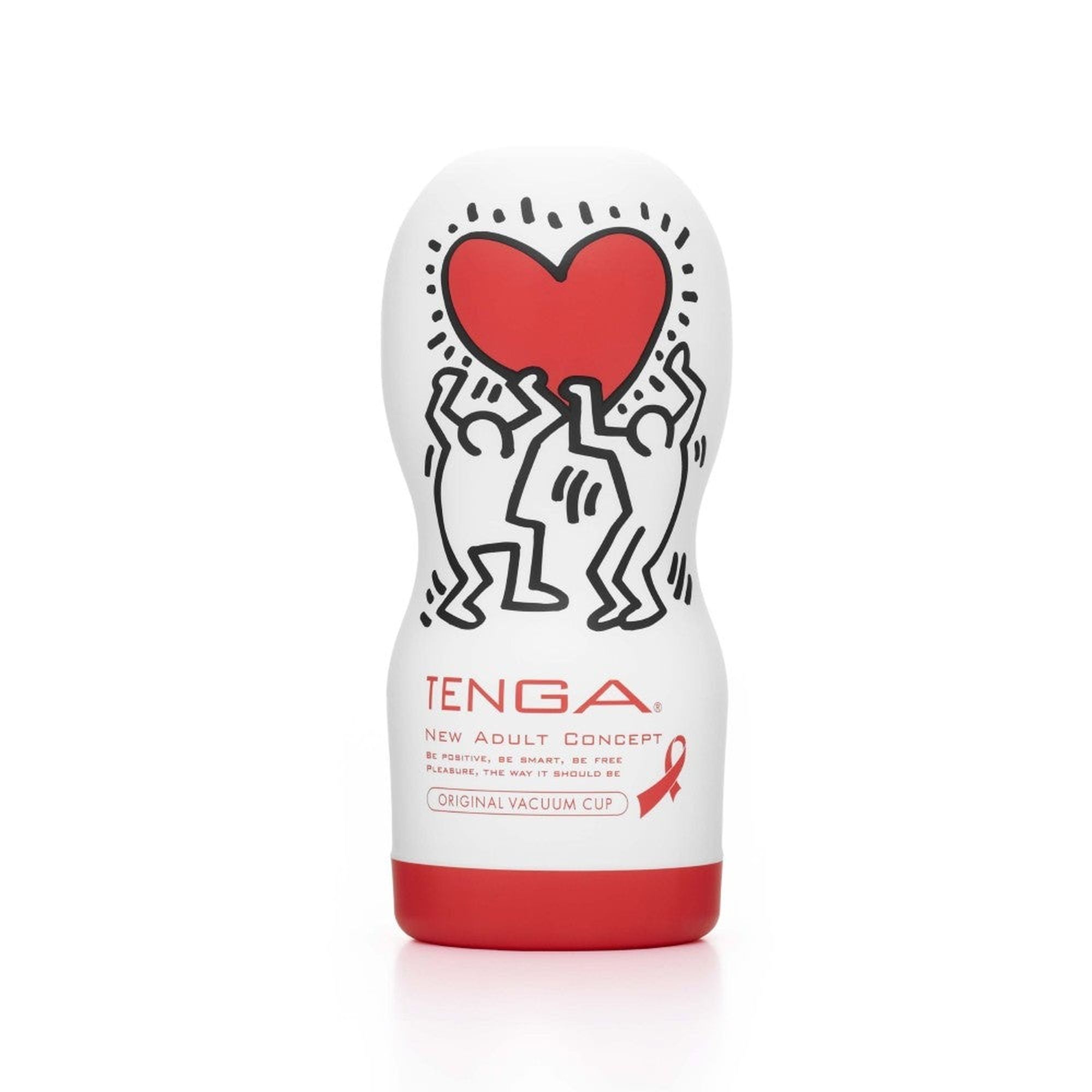 Weißer Masturbator mit rotem Boden. Illustration von Keith Haring: Herz und Figuren. Text: TENGA, ORIGINAL VACUUM CUP.