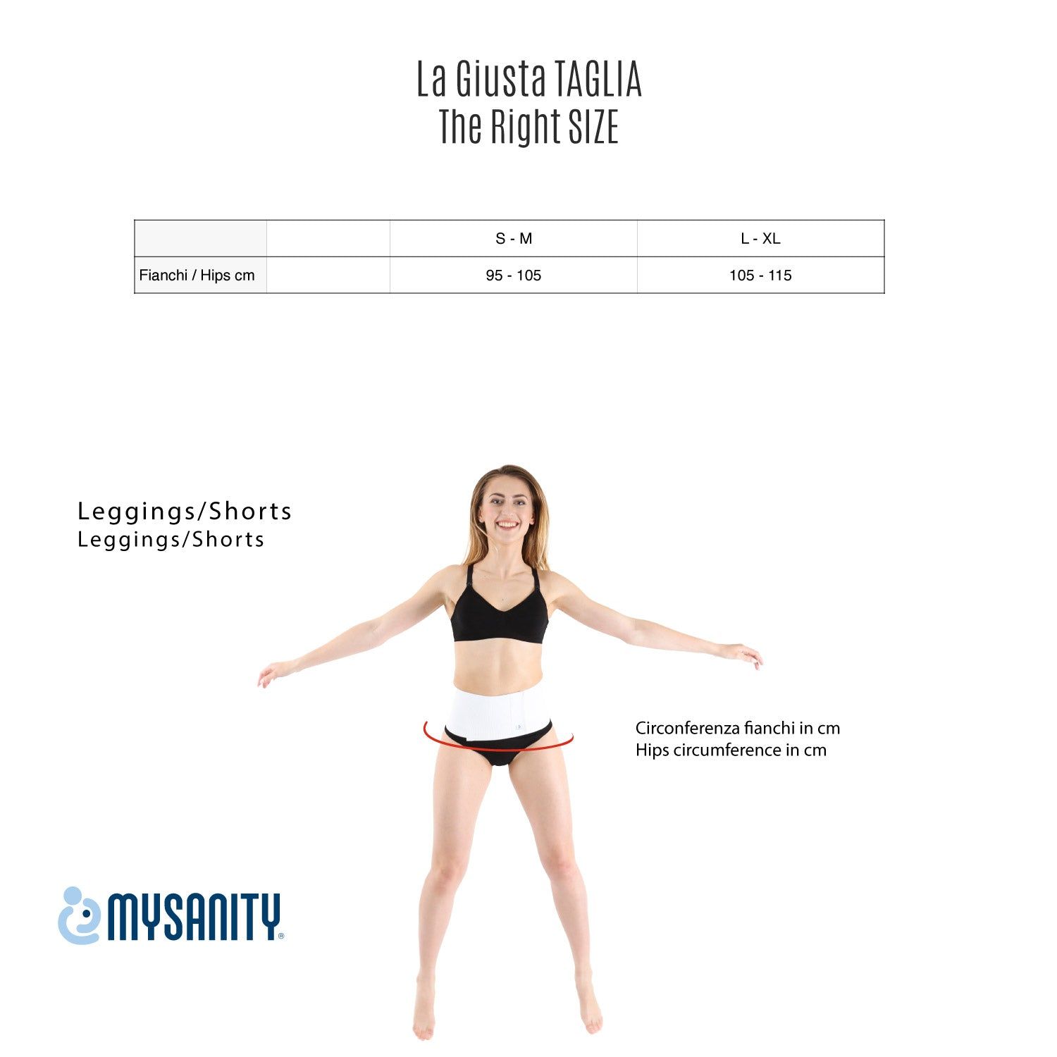 Frau in schwarzem BH und Unterhose, mit weißem Bauchband. Größentabelle mit Hüftumfang in cm.