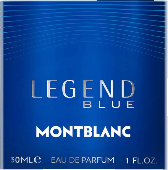 Blaue Schachtel. Aufschrift: LEGEND BLUE, MONTBLANC, 30ml Eau de Parfum, 1 Fl.oz.