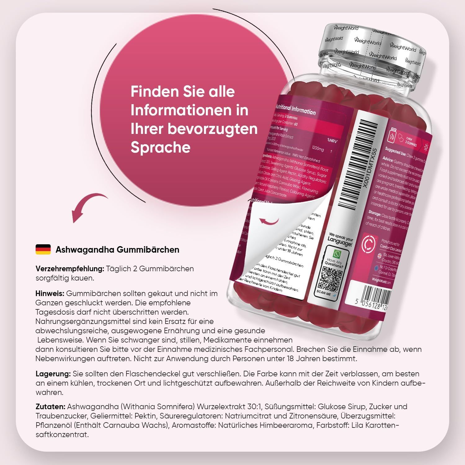 Rückseite der Produktflasche mit Informationen. Text in Deutsch: Ashwagandha Gummibärchen, Verzehrempfehlung, Hinweise, Lagerung, Zutaten.