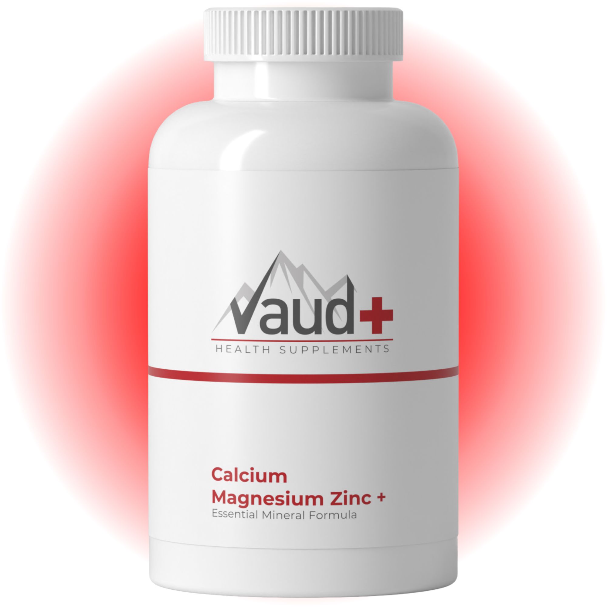 Weiße Flasche mit rotem Akzent und Produktinformationen. Vaud+ Logo und Schriftzug: Calcium Magnesium Zink +.