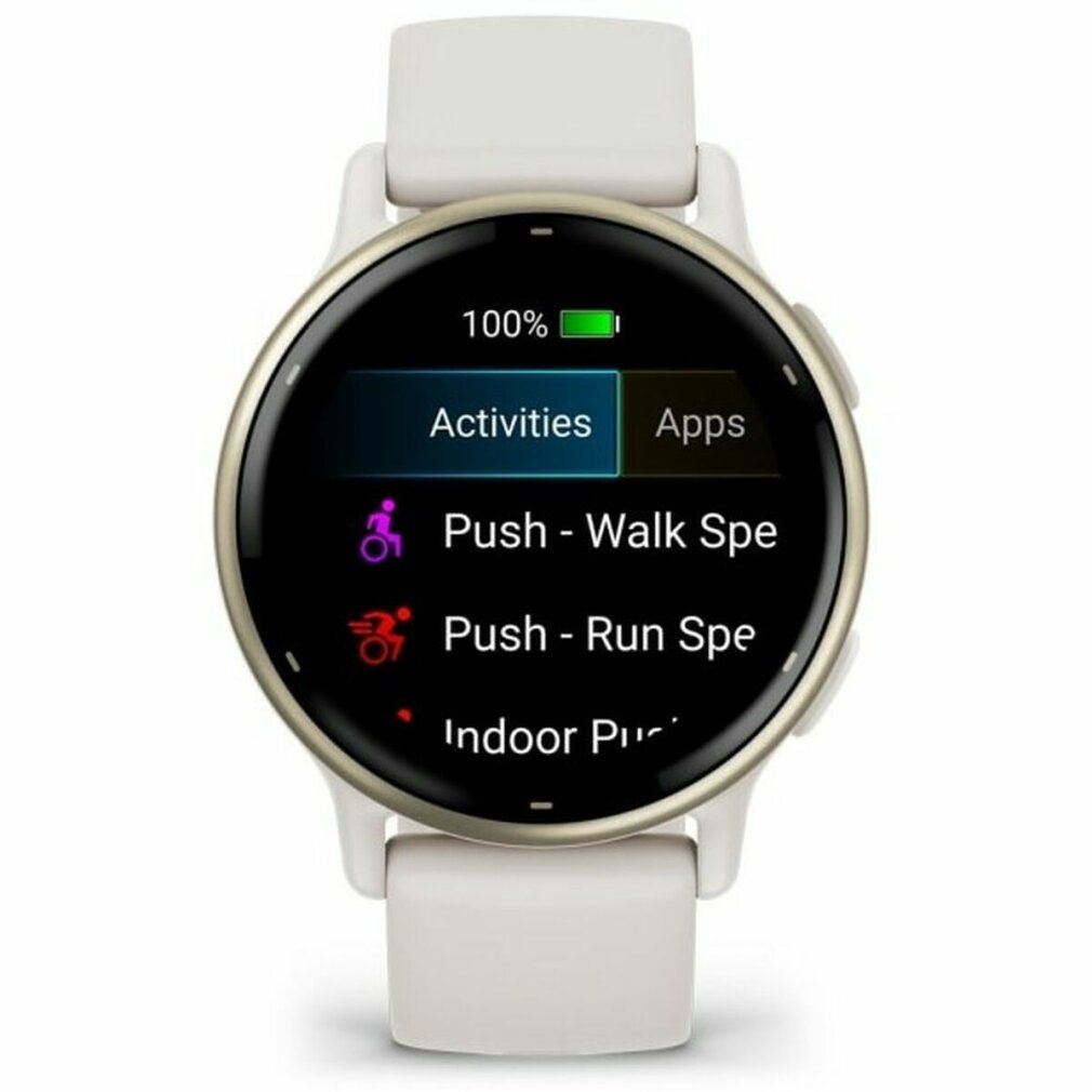 Garmin v?voactive 5 Creme Gold. Smartwatch-Display mit Menü. Aktivitäten, Apps, Push-Walk, Push-Run, Indoor Push.