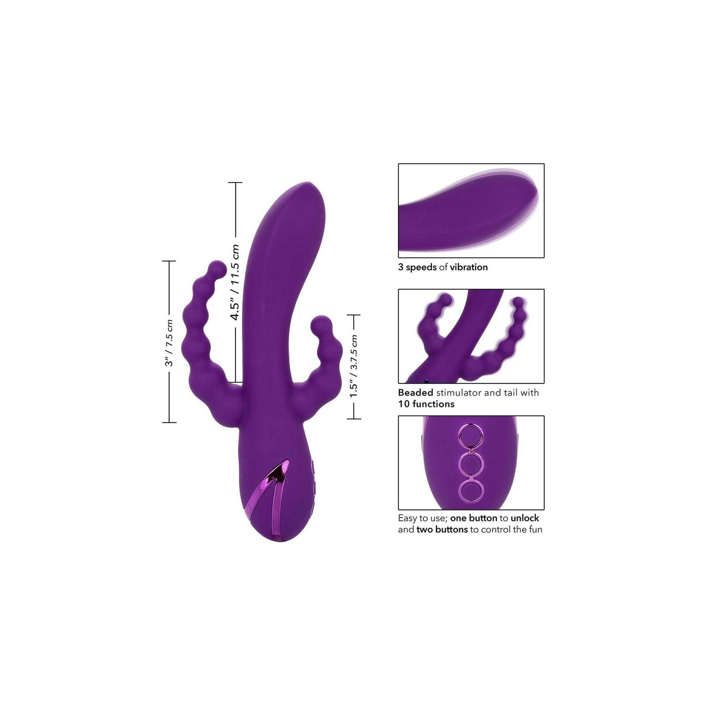 Lila Vibrator mit Maßangaben. Zeigt 3 Geschwindigkeiten, 10 Funktionen und eine Taste.