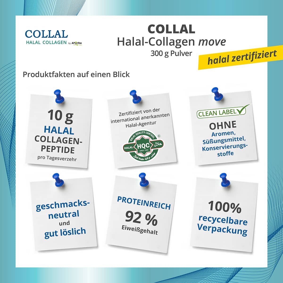 COLLAL Halal-Collagen move Pulver: 10g Halal Collagen-Peptide, 92% Protein, 100% recycelbare Verpackung.