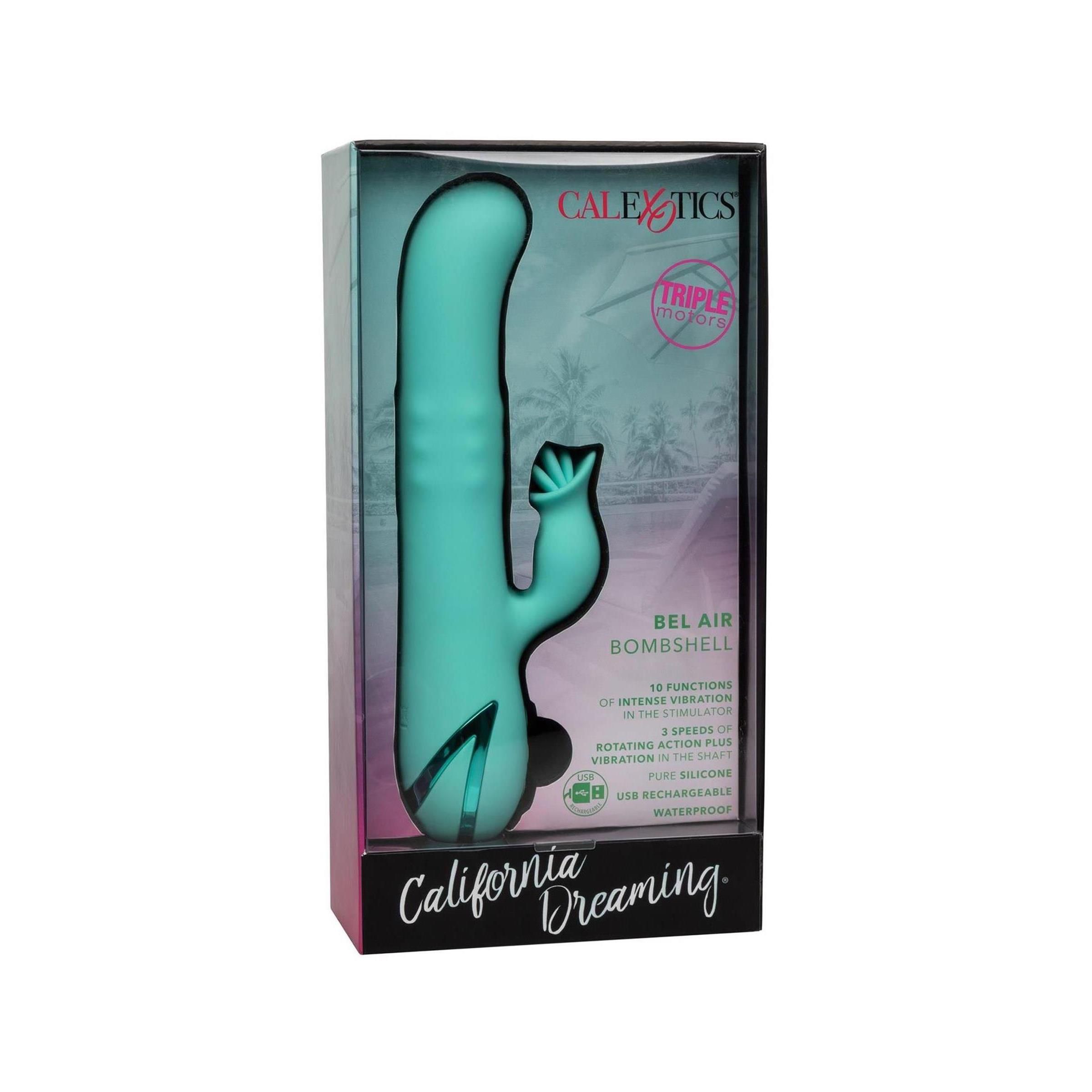 Türkisfarbener Vibrator in einer Verpackung. Aufschrift: Bel Air Bombshell, California Dreaming, CalExotics.