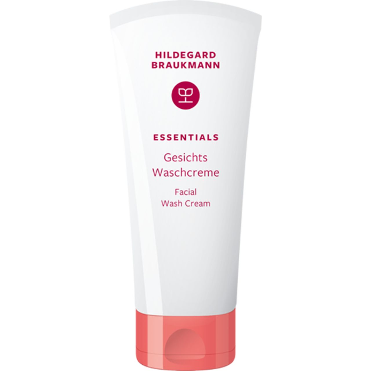 Weisse Tube mit rotem Verschluss. Aufschrift: Hildegard Braukmann, Essentials, Gesichts Waschcreme, Facial Wash Cream.