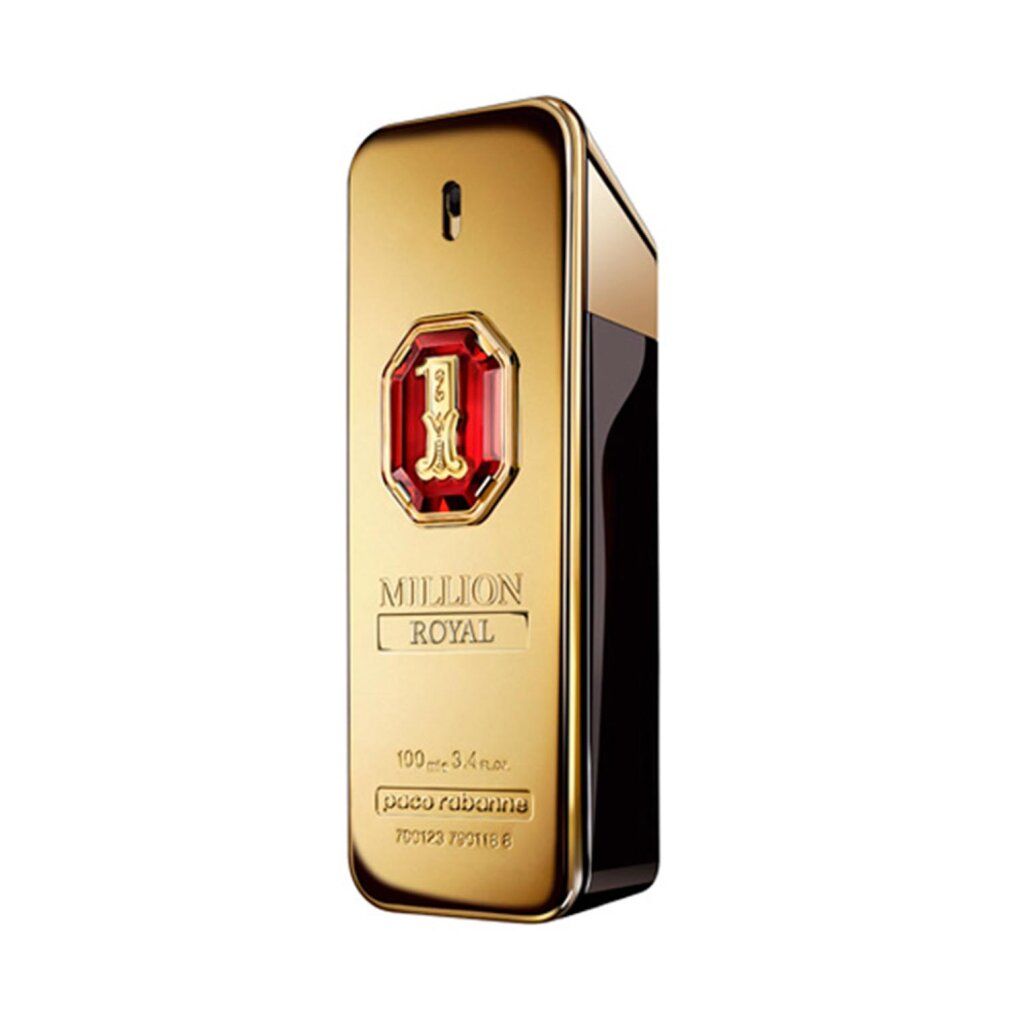 Goldfarbener Flakon. Aufschrift: Million Royal, Paco Rabanne. Schwarzer Hintergrund.