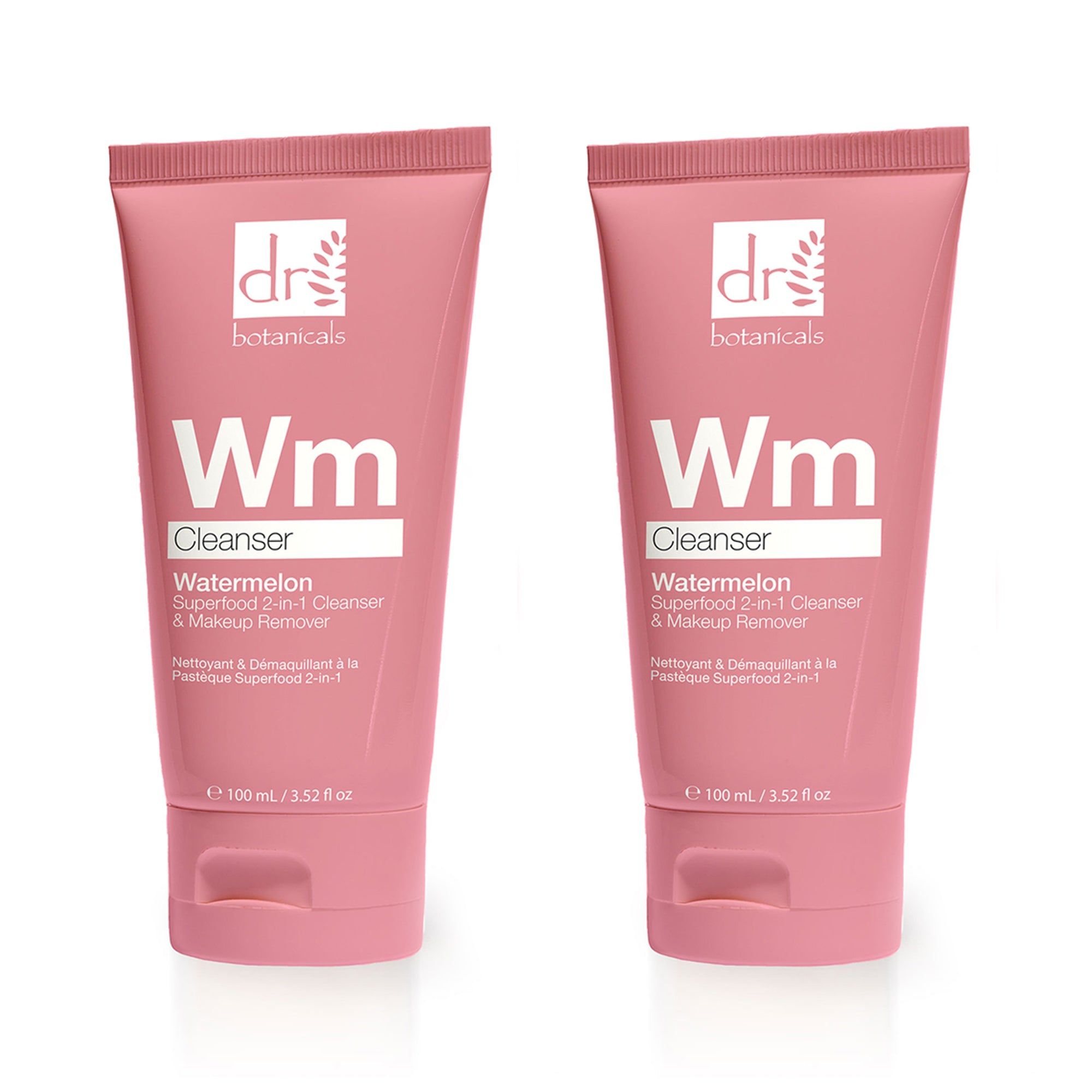 Zwei rosa Tuben mit "dr botanicals"-Logo und "Wm Cleanser"-Schriftzug. Aufschrift: "Watermelon Superfood 2-in-1".