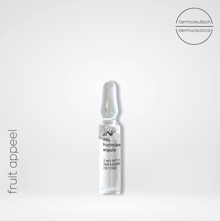 Glasampulle mit Etikett: cNc AHA Fruchtsäureampulle. 2 ml. Für externe Anwendung. Aufschrift: fruit appeal.