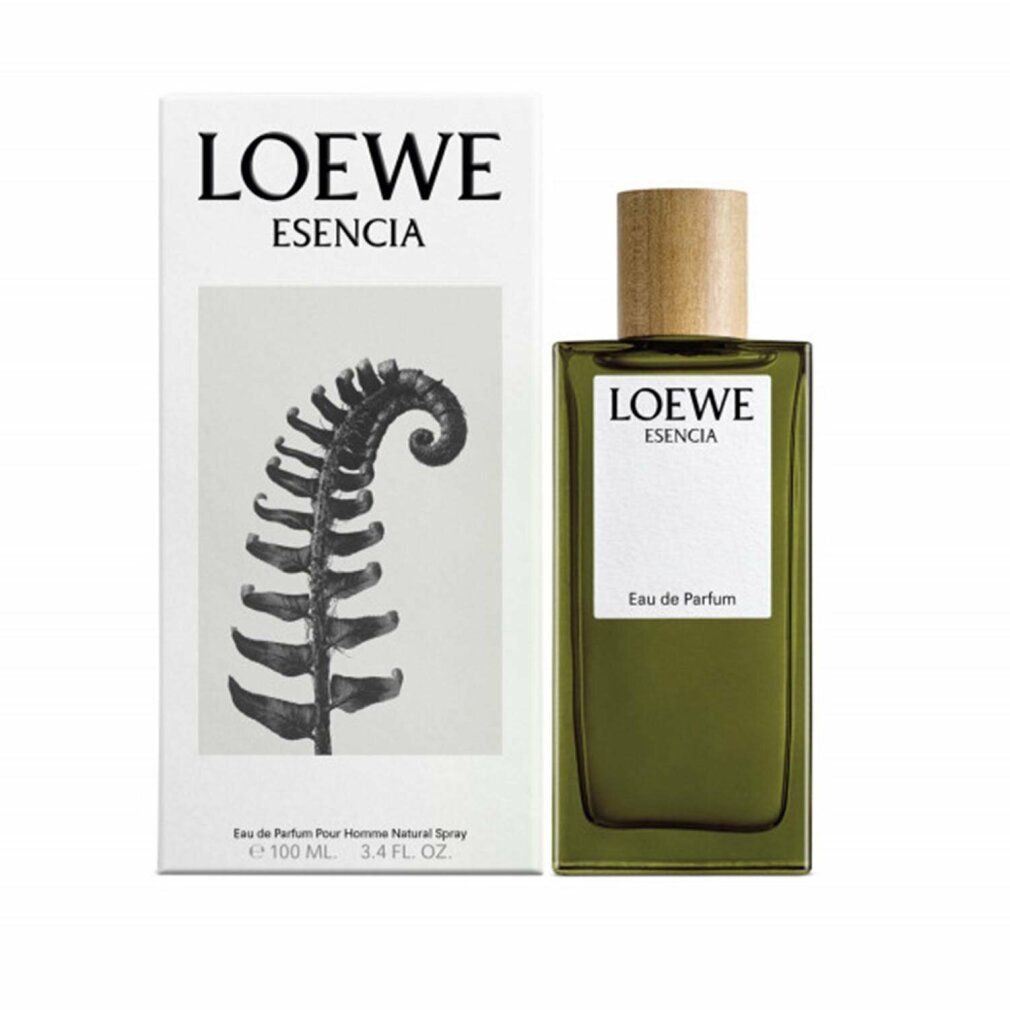 Parfümflakon und Verpackung. Auf der Verpackung steht LOEWE ESENCIA. Flakon grün, Holzdeckel. Verpackung mit Farn.