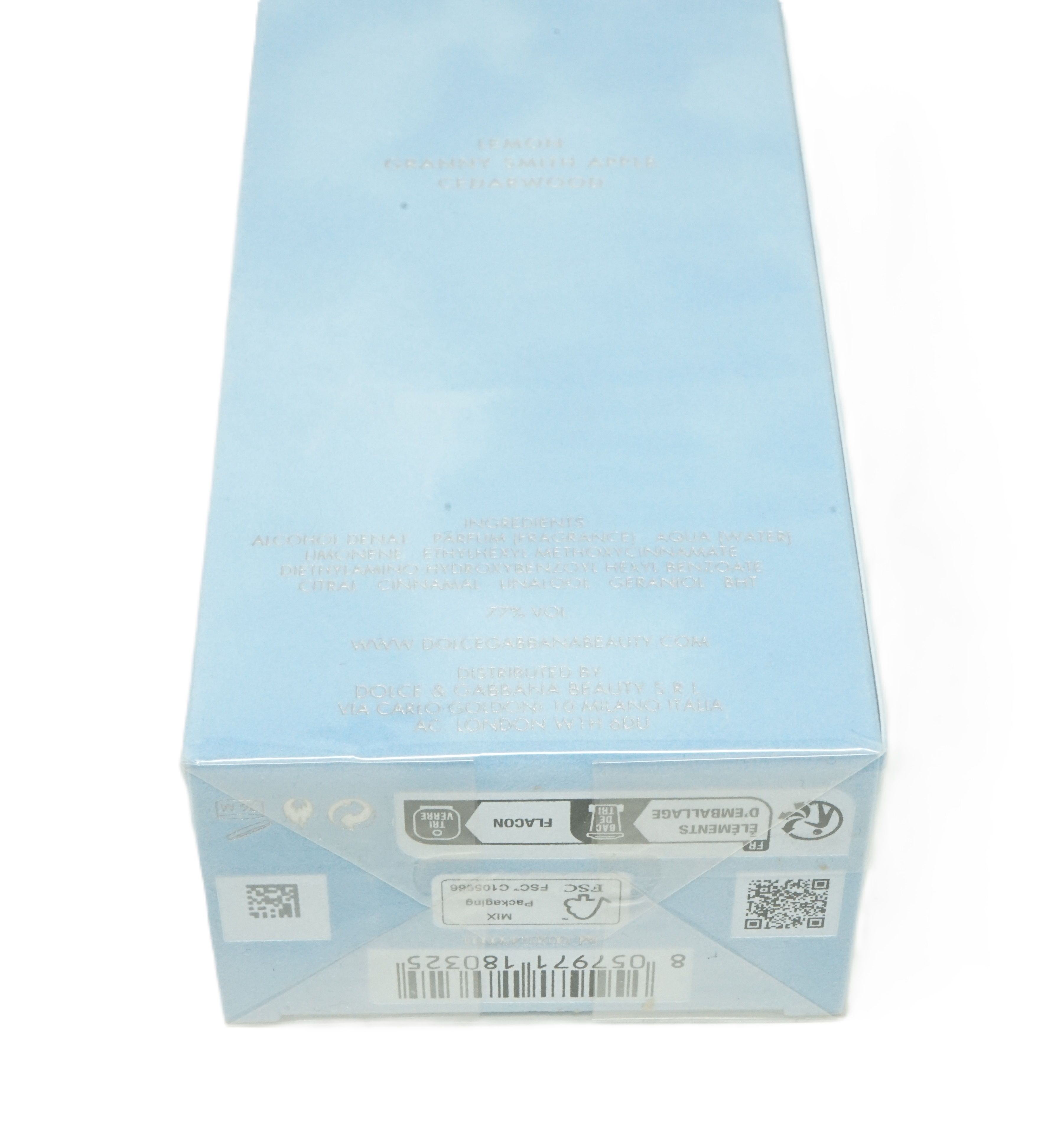 Hellblaue Verpackung, Unterseite. Text und Symbole. FSC-Logo.