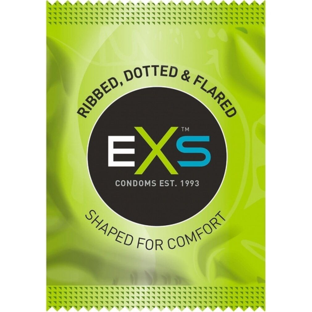 Grüner Kondom-Beutel mit EXS-Logo. Ribbed, Dotted & Flared. Shaped for Comfort.