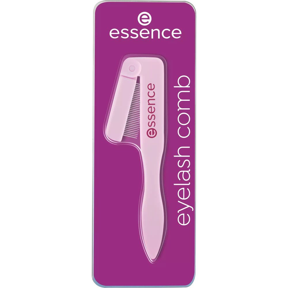 Wimpernkamm in rosa Verpackung. Marke: Essence. Kamm und Griff sind rosa. Text: Eyelash comb.