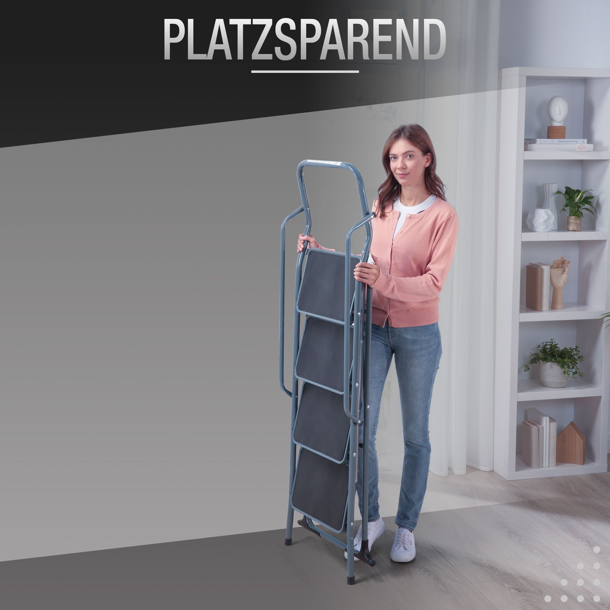 ELONEO Stehleiter 4 Stufen, extra dicke Handläufe, rutschsichere & große Trittflächen