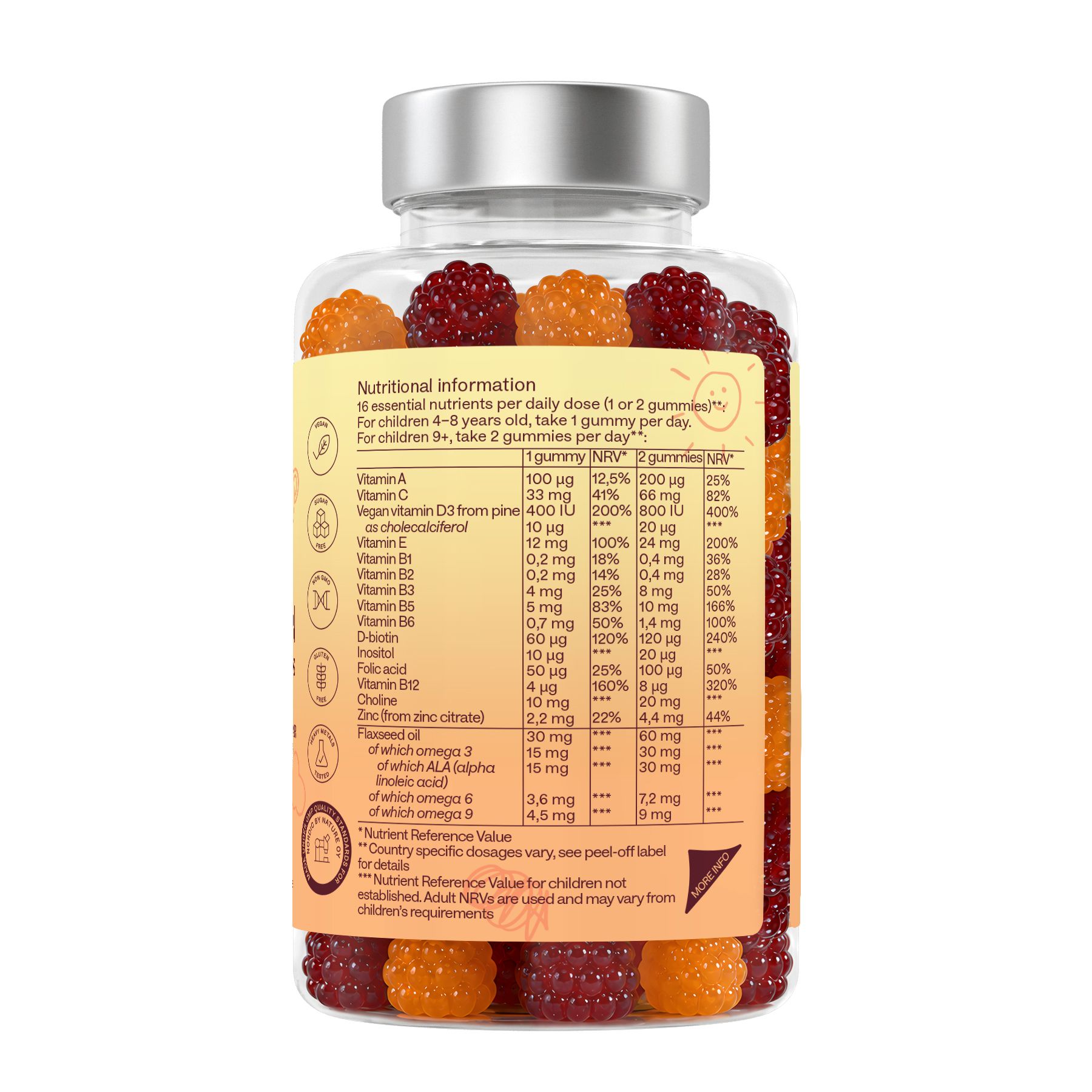 Flasche mit Kindern-Multivitamin-Gummibärchen, orange und rot, mit Nährwertangaben.
