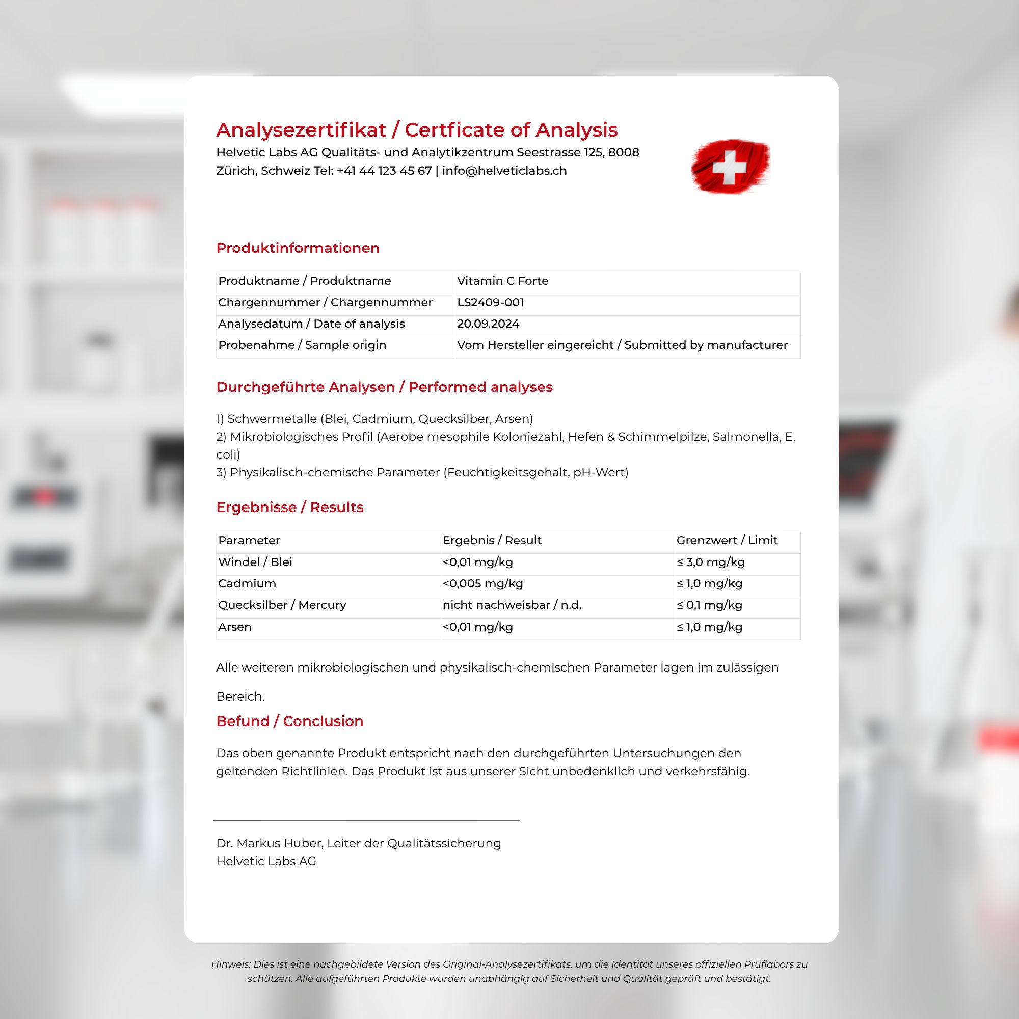Zertifikat mit Text und Logo. Informationen zu Vitamin C Forte. Unterschrift von Dr. Markus Huber.
