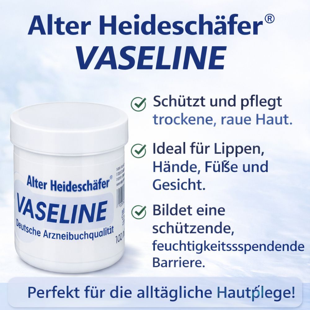 Weißer Tiegel mit Deckel. Text: Alter Heideschäfer Vaseline, schützt und pflegt trockene Haut, ideal für Lippen, Hände, Füße und Gesicht.
