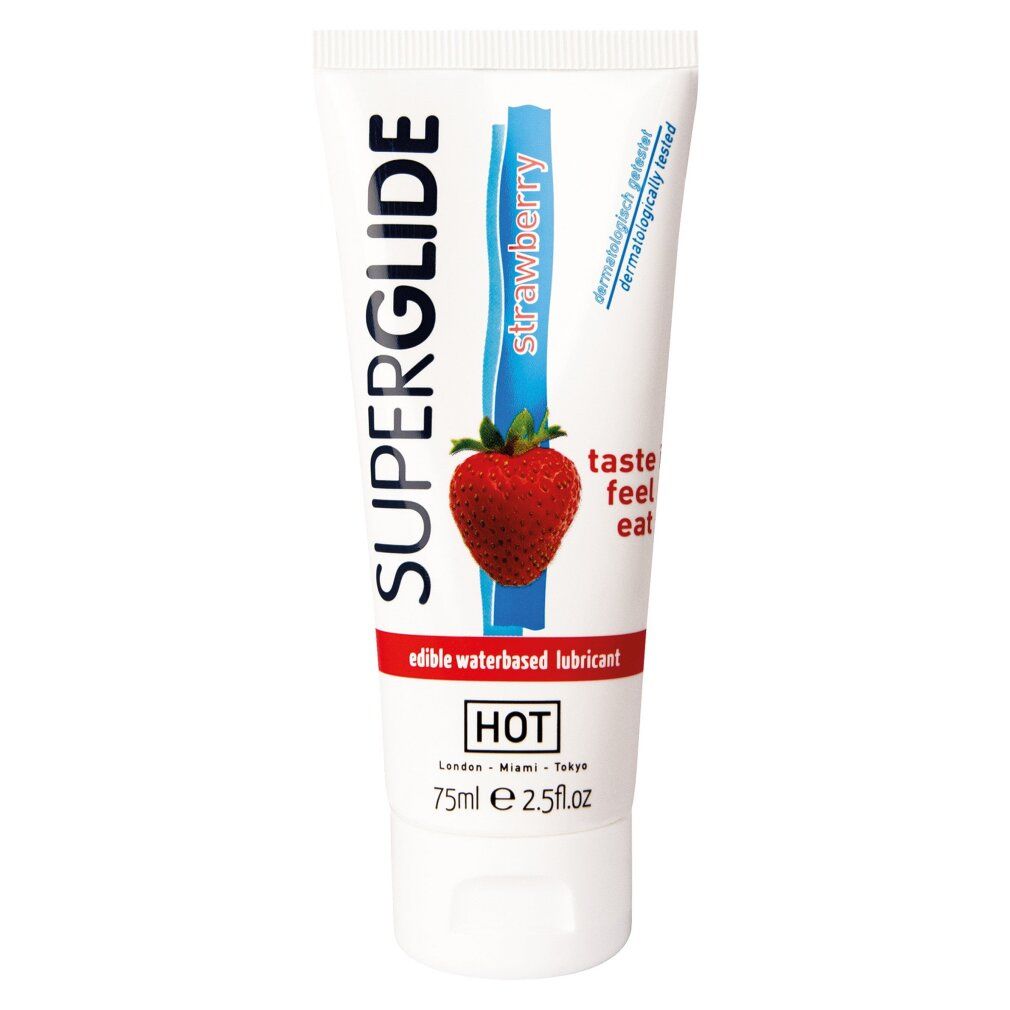 Tube mit Produktaufdruck. Erdbeer-Motiv, Schriftzug SUPERGLIDE, HOT-Logo. Dermatologisch getestet. 75ml.