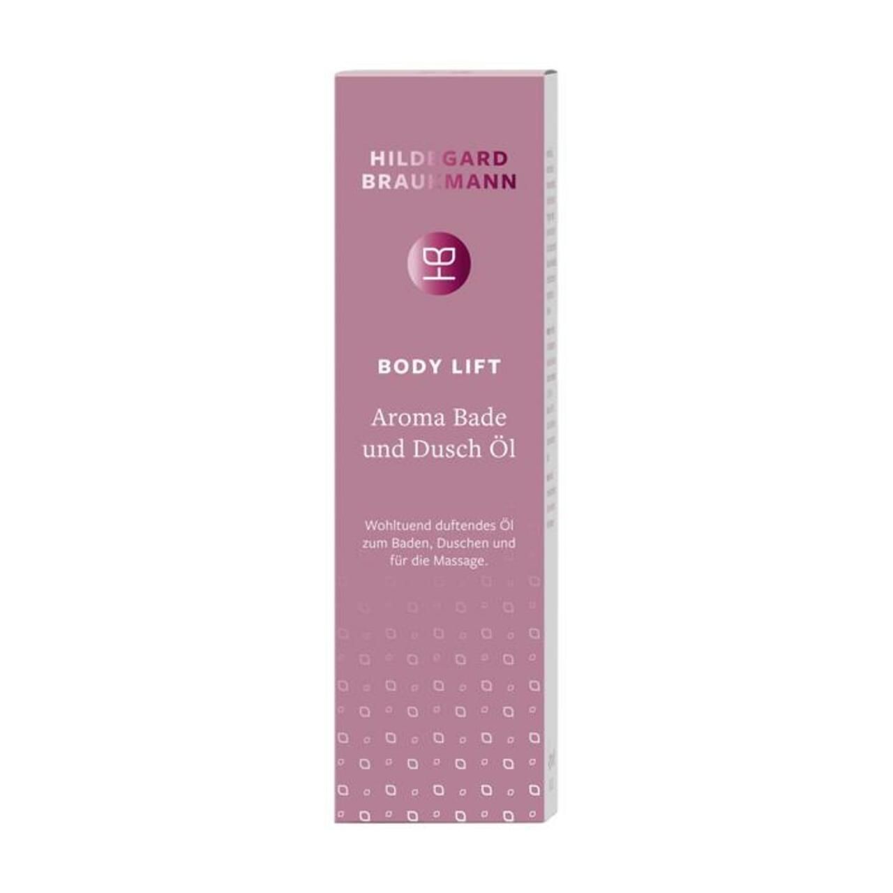 Verpackung für Körperöl. Beschriftung: Hildegard Braukmann, Body Lift Aroma Bade und Dusch Öl. Rosa Farbton.