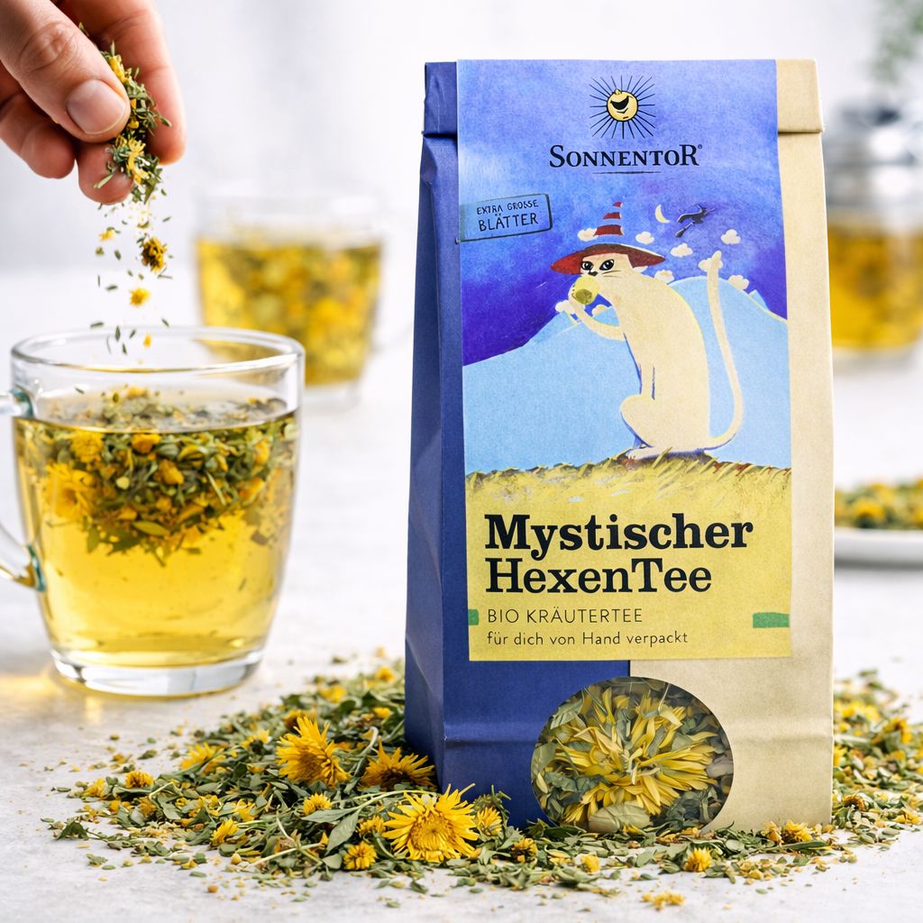 SonnenTor Mystischer HexenTee Beutel, mit einer Hand wird Tee in eine Tasse gefüllt.