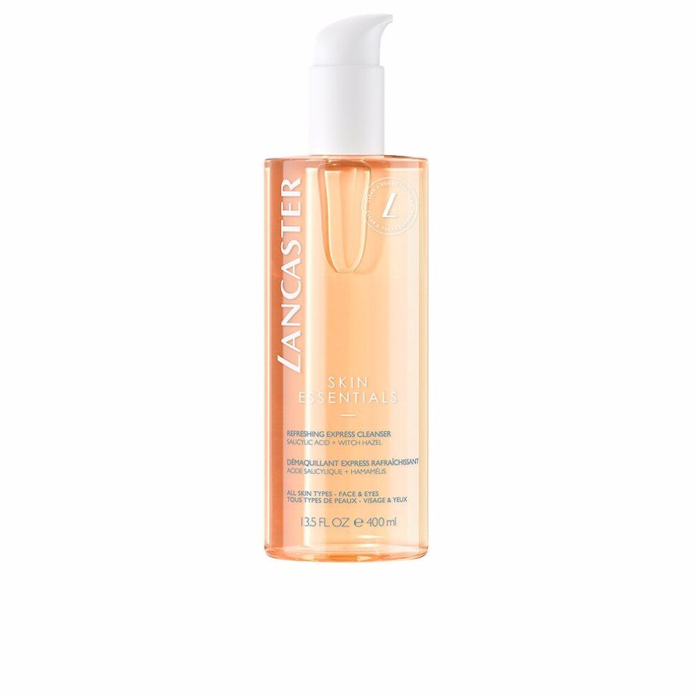 Lancaster Express Cleanser. Transparente Flasche mit Pumpe. Aufschrift: SKIN ESSENTIALS, Refreshing Express Cleanser.
