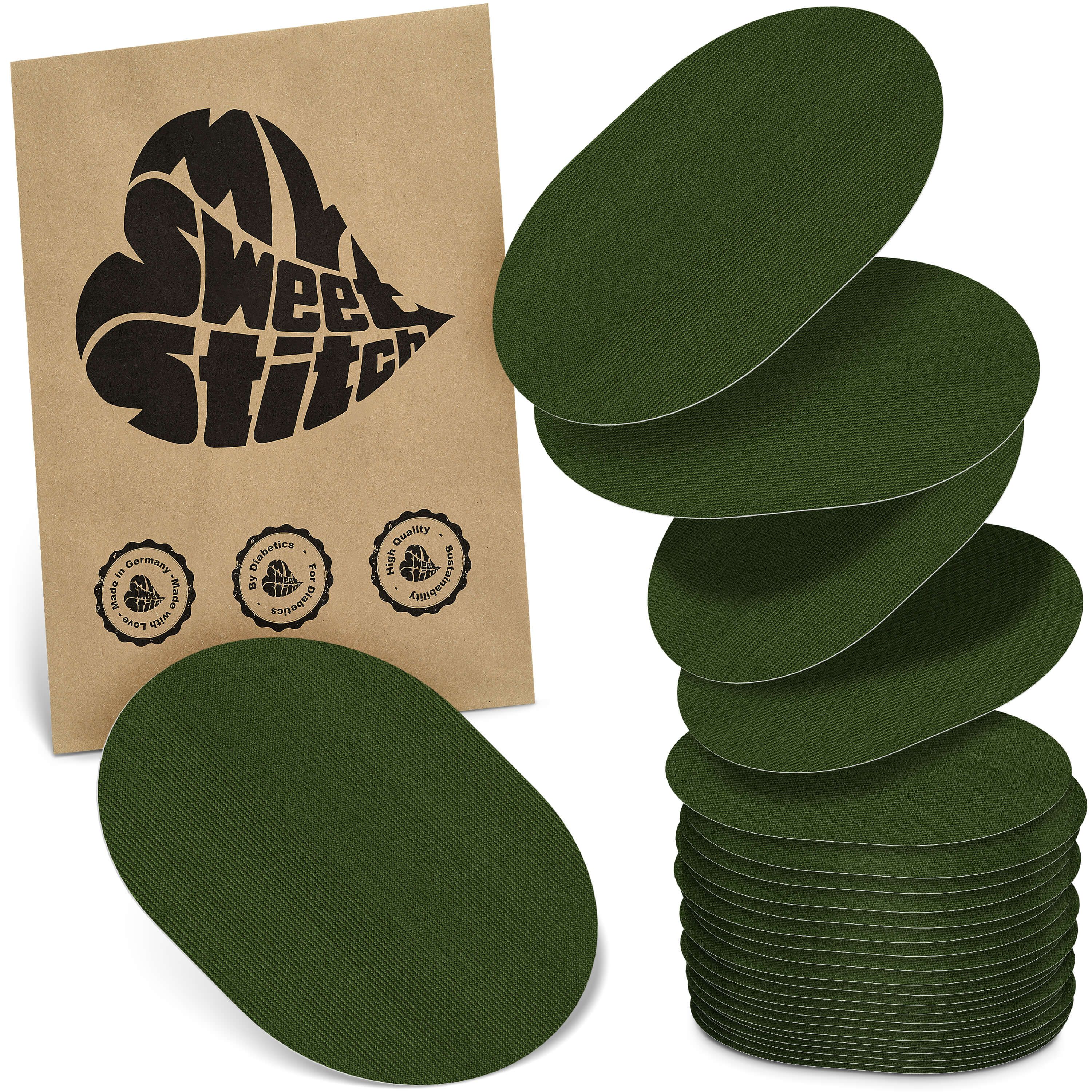 Grüne, ovale Pflaster. Verpackung mit Logo "My Sweet Stitch". Siegel mit Text. Stapel und einzelne Pflaster.
