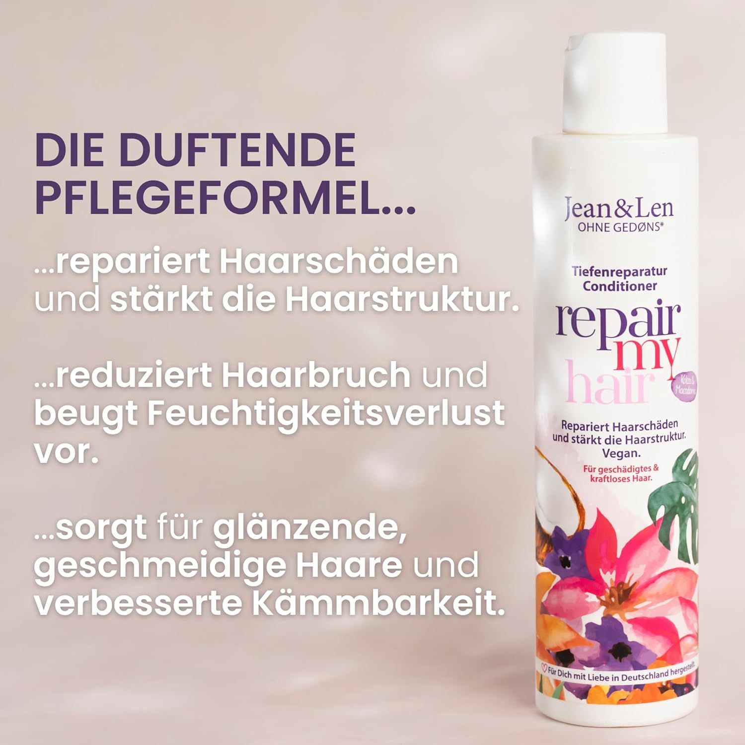 Text: "Die duftende Pflegeformel..." mit Aufzählungen. Flasche "Jean & Len repair my hair".