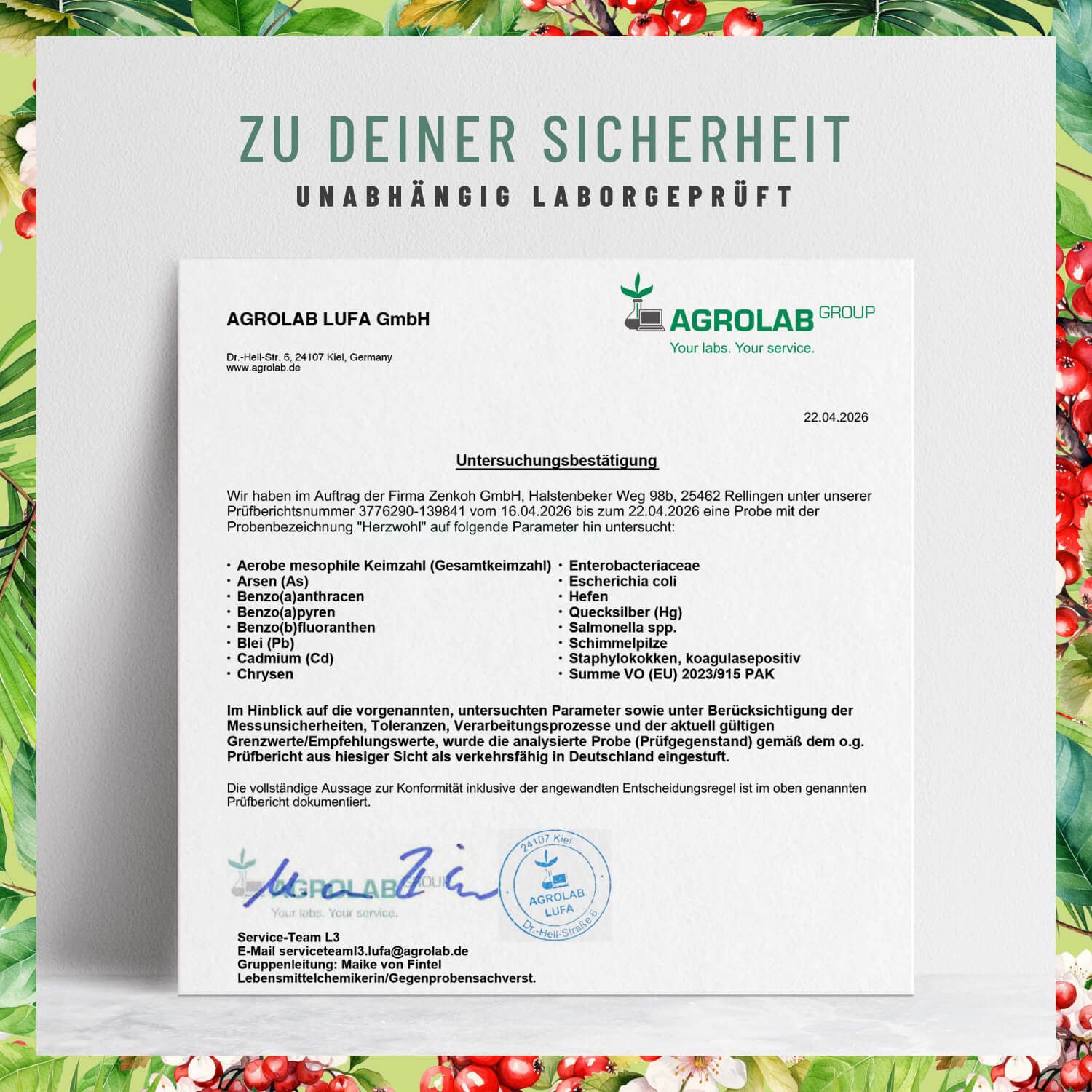 Herz Wohl: Laborbericht von Agrolab GmbH zur Prüfung der Inhaltsstoffe.