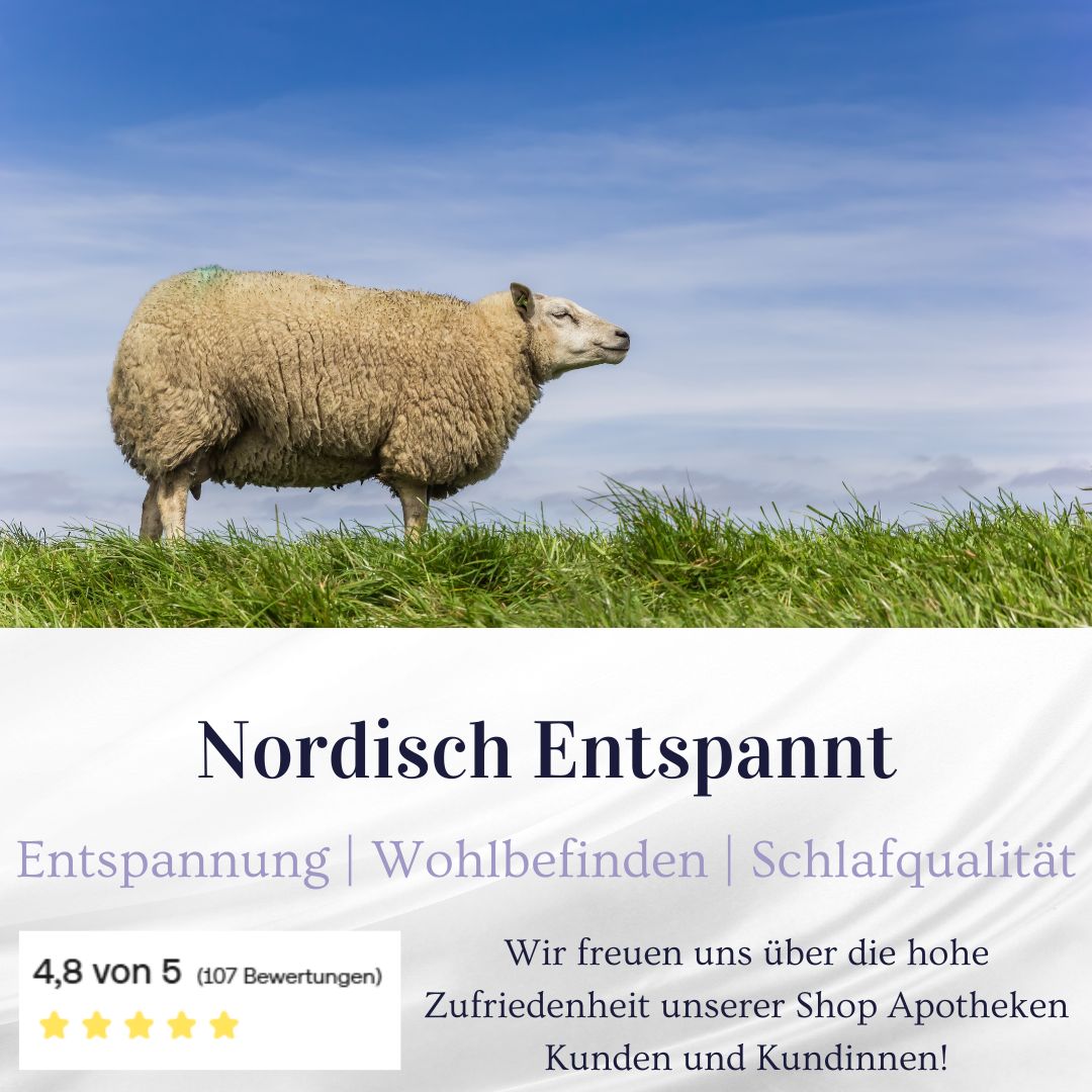 Schaf auf einer Wiese, mit Text 'Nordisch Entspannt' und Bewertungen.