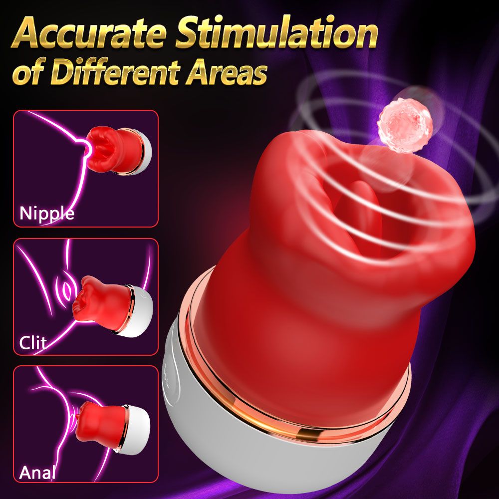 Grafik mit Produktabbildungen und Illustrationen. Text: Accurate Stimulation of Different Areas. Bereiche: Brustwarze, Klitoris, Anal.