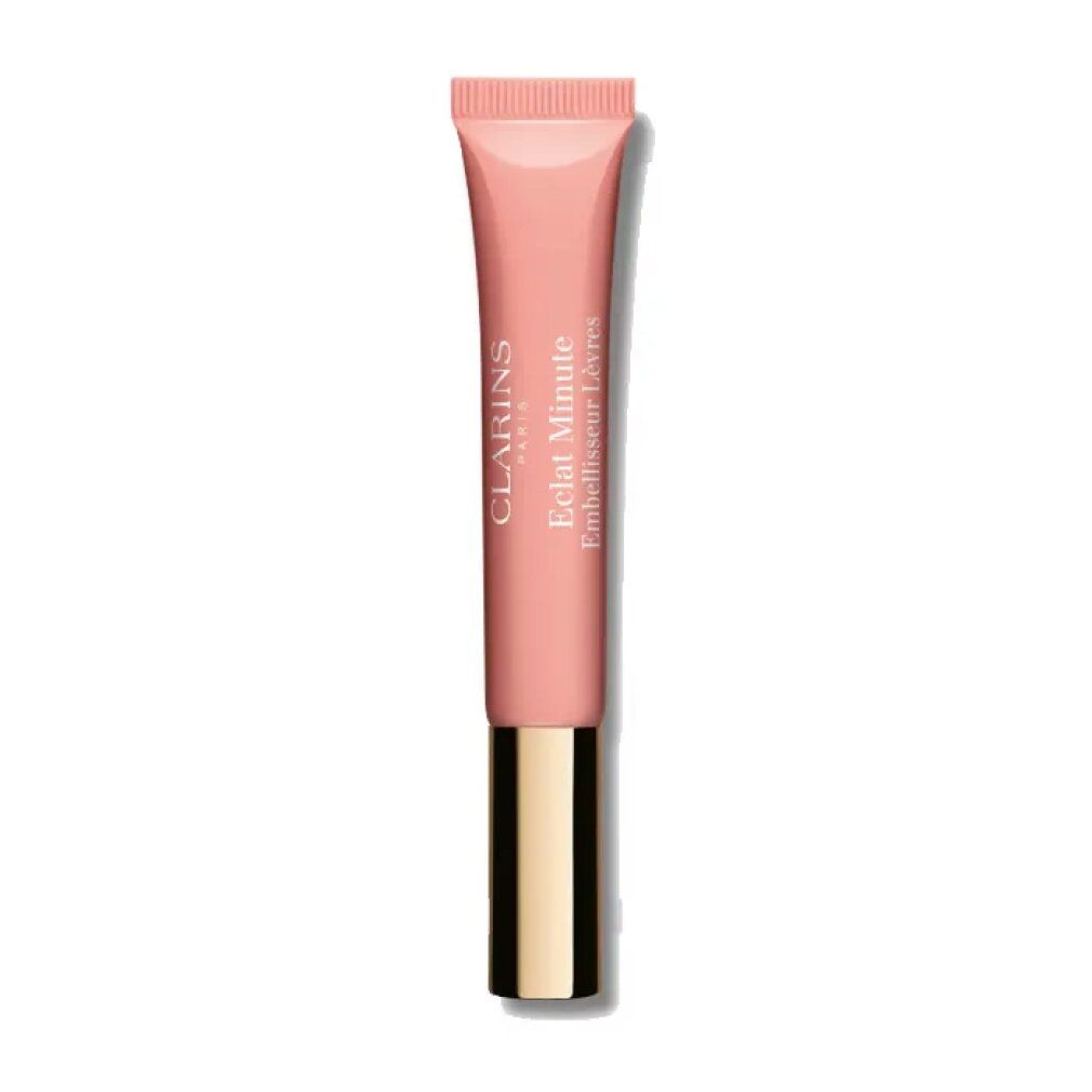 Clarins Lip Perfector in rosa Tube. Goldener Schraubverschluss. Schriftzug: Clarins Paris, Eclat Minute Embellisseur Lèvres.