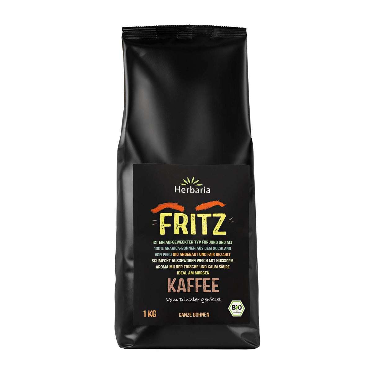 Schwarzer Beutel mit Herbaria Fritz Kaffee. Aufkleber mit Produktinformationen und Bio-Siegel. Ganze Bohnen.