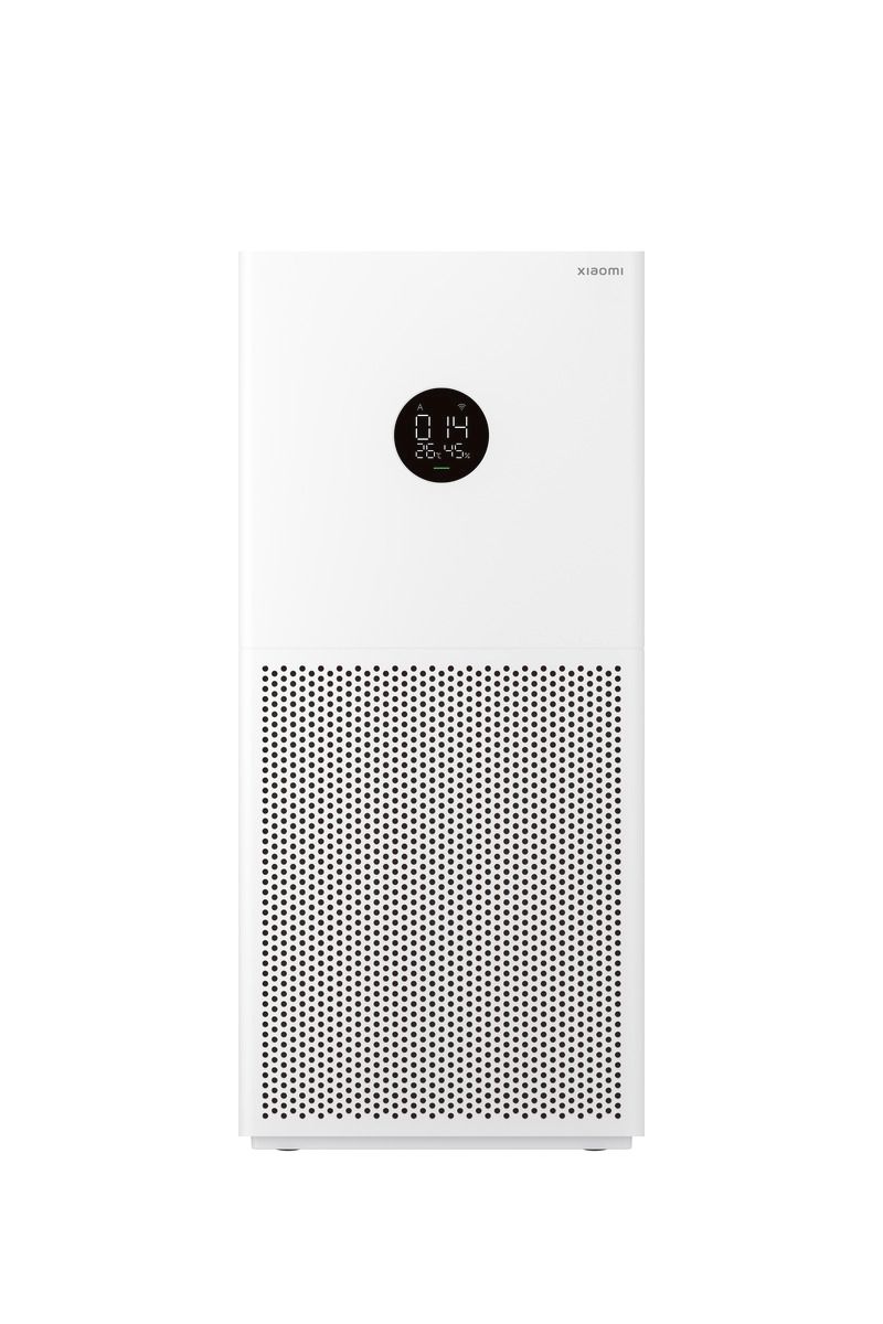 Weißer Luftreiniger mit rundem Display. Unterer Teil mit Lochmuster. Marke Xiaomi.