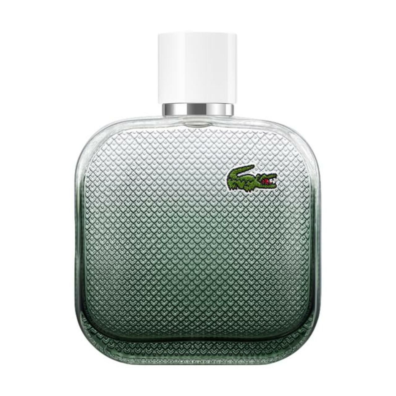 Lacoste L.12.12 Blanc Eau de Toilette Flakon. Grüner Farbverlauf, Krokodil-Logo. Weißer Deckel, silberner Sprühkopf.