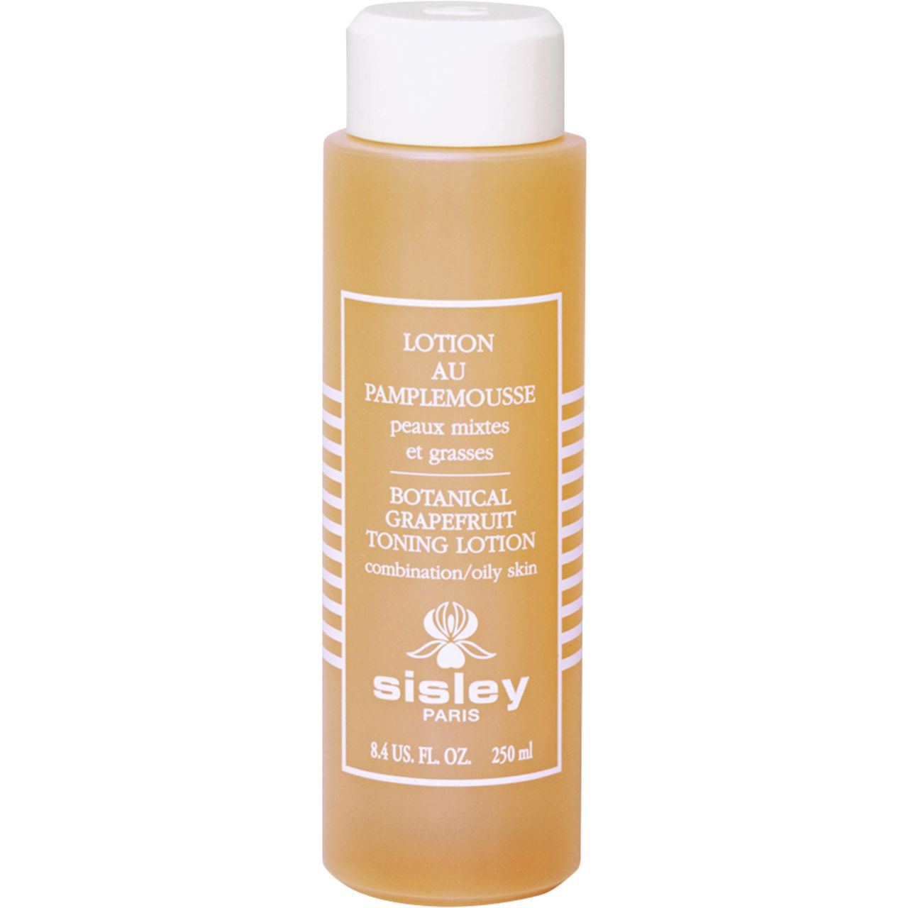 Beige Flasche mit weißem Deckel. Etikett mit Text: Lotion au Pamplemousse, Sisley Paris, 8.4 US FL. OZ. 250 ml.