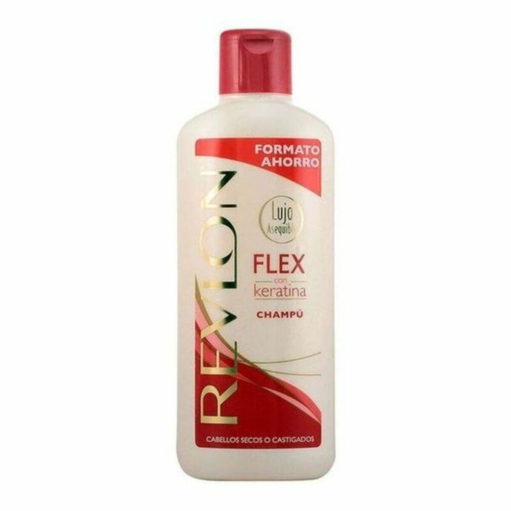 Flasche Revlon Flex Shampoo. Weiß, roter Deckel. Schriftzug: Flex, Keratin, Champú. Für trockenes oder geschädigtes Haar.
