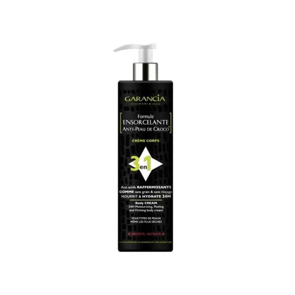 Schwarze Flasche mit Pumpspender. Garancia Formule Ensorcelante Anti-Peau de Croco Creme Corps.