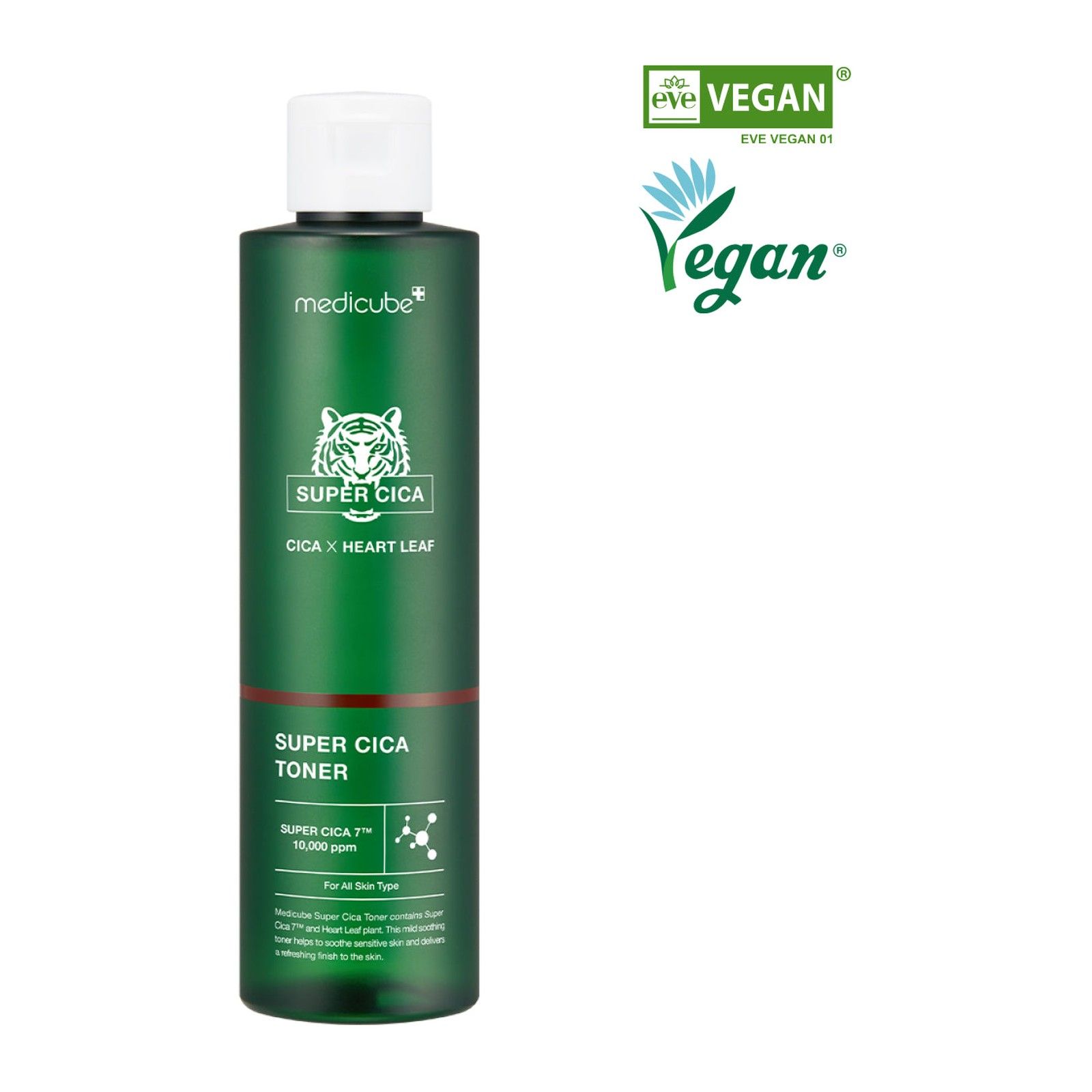 MEDICUBE Super Cica Toner in dunkler Flasche mit weißem Deckel. Oben rechts sind Vegan-Siegel.