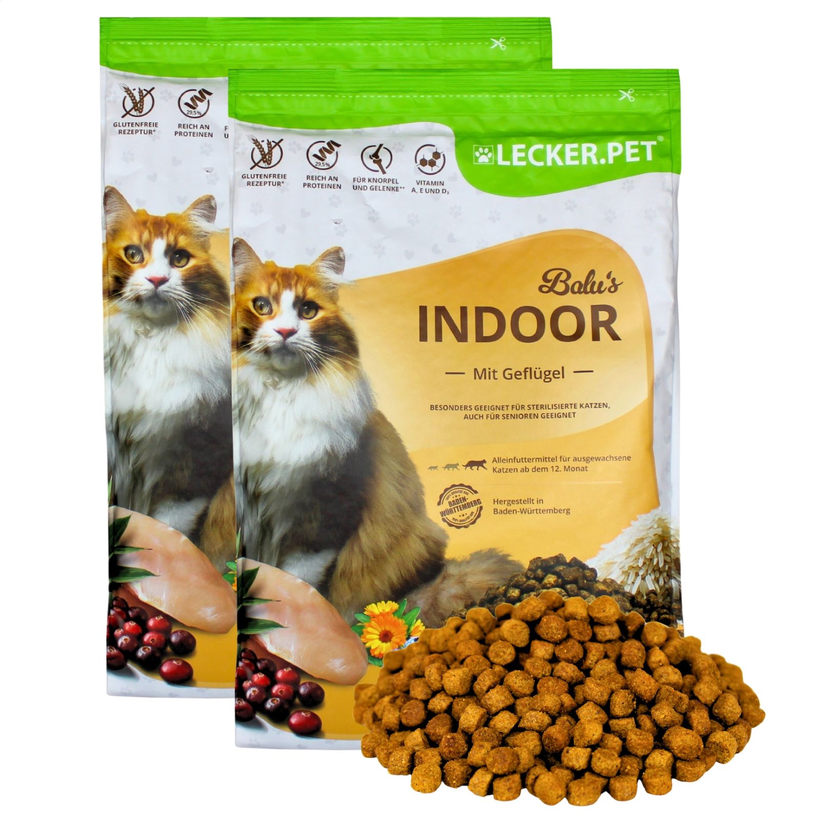 Zwei Packungen Lecker.Pet Bali's Indoor Katzenfutter mit Geflügel.