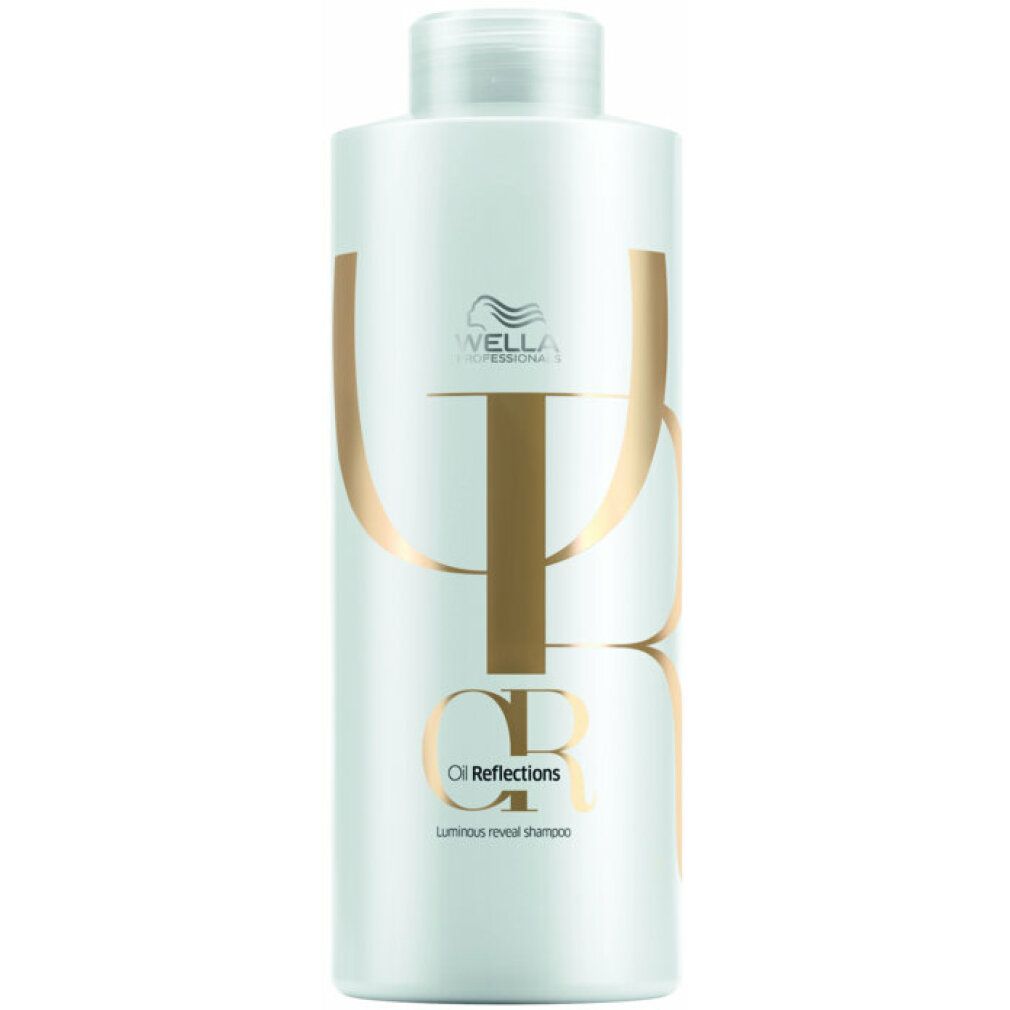 Hellgrüne Shampoo-Flasche mit goldenem Schriftzug. Aufschrift: Wella Oil Reflections. Produktbezeichnung und Volumenangabe.