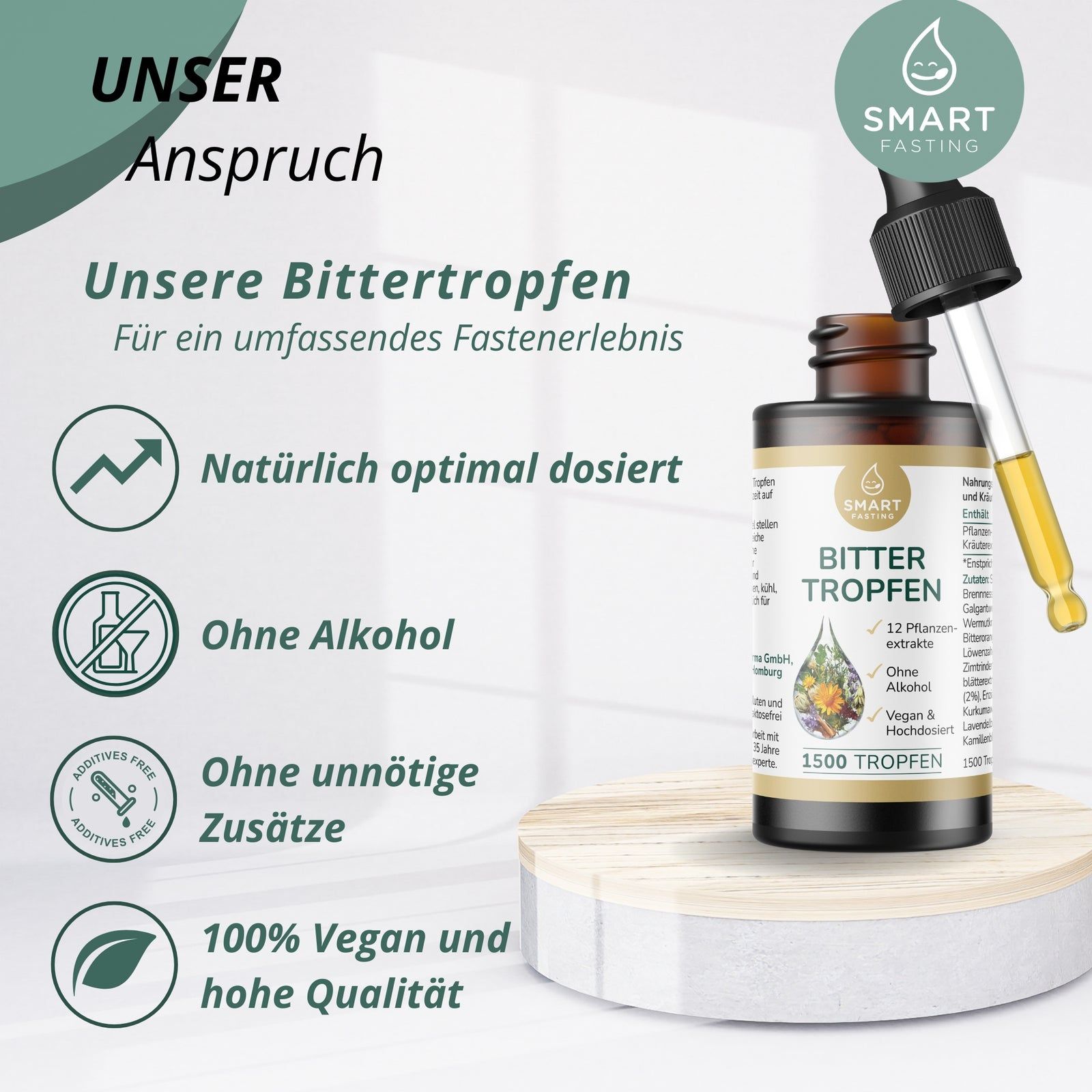 Braune Flasche mit Tropfer auf Podest. Text: Bitter Tropfen, 12 Pflanzenextrakte, ohne Alkohol, vegan, hochdosiert. Hintergrund mit Text.