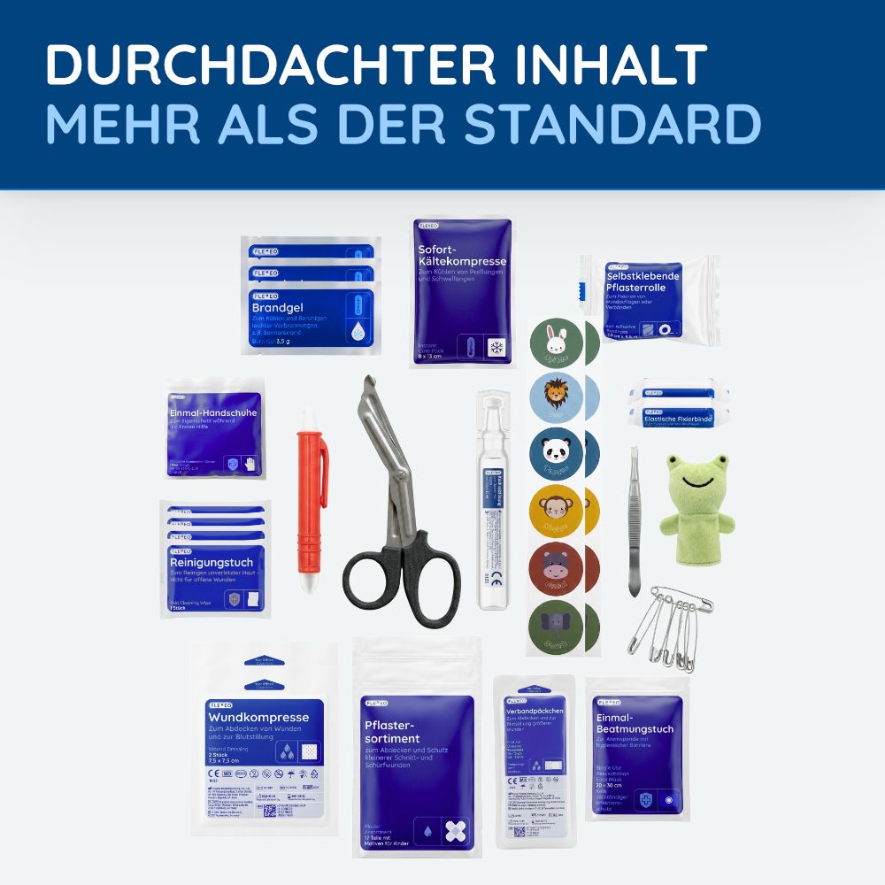 Verschiedene medizinische Artikel, darunter Verbände, Schere, Pflaster, Kompressen, Reinigungstücher und Kühlkompresse. Text: Durchdachter Inhalt.