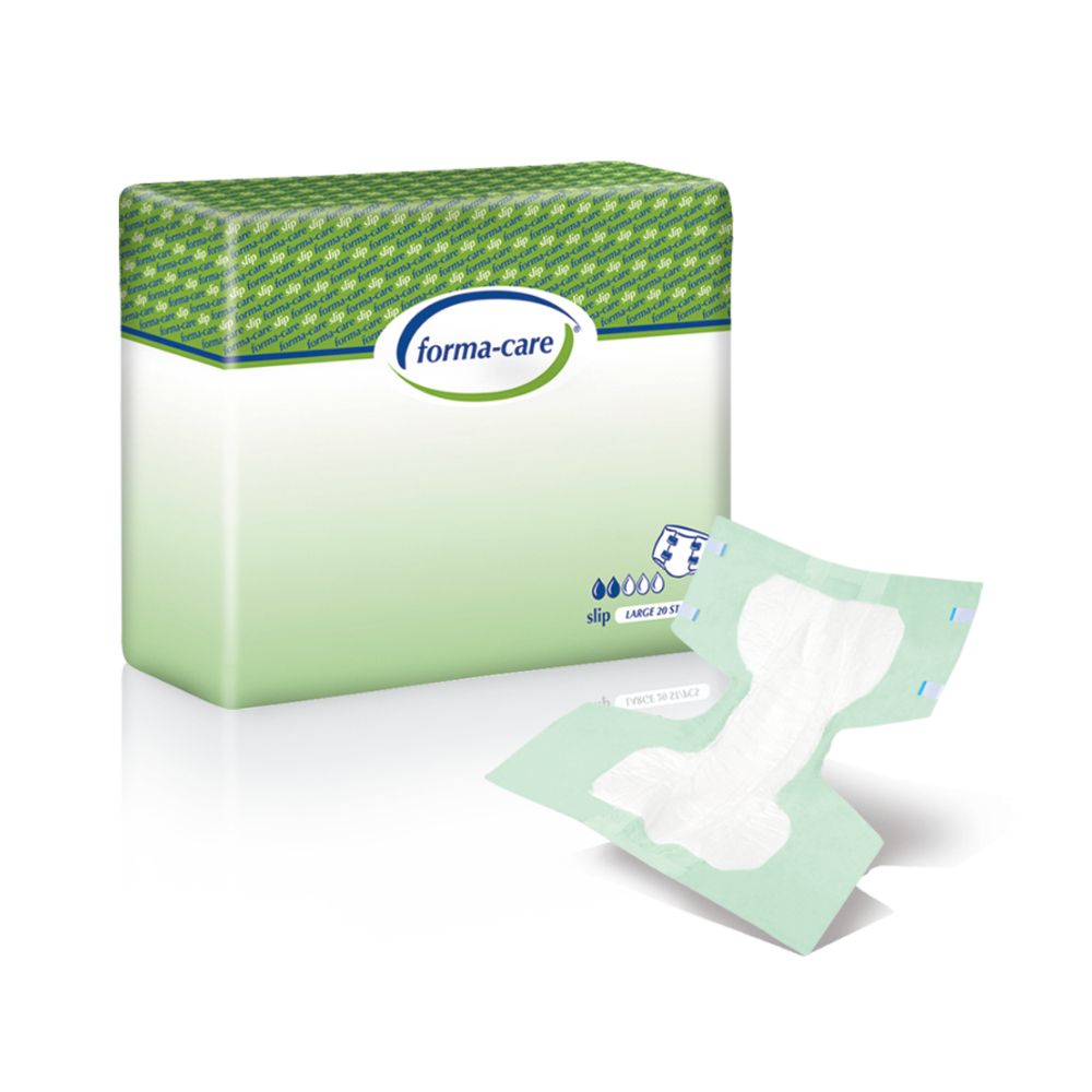 Verpackung mit forma-care Comfort Slip plus. Grün-weißes Design. Ein einzelner Slip liegt daneben.
