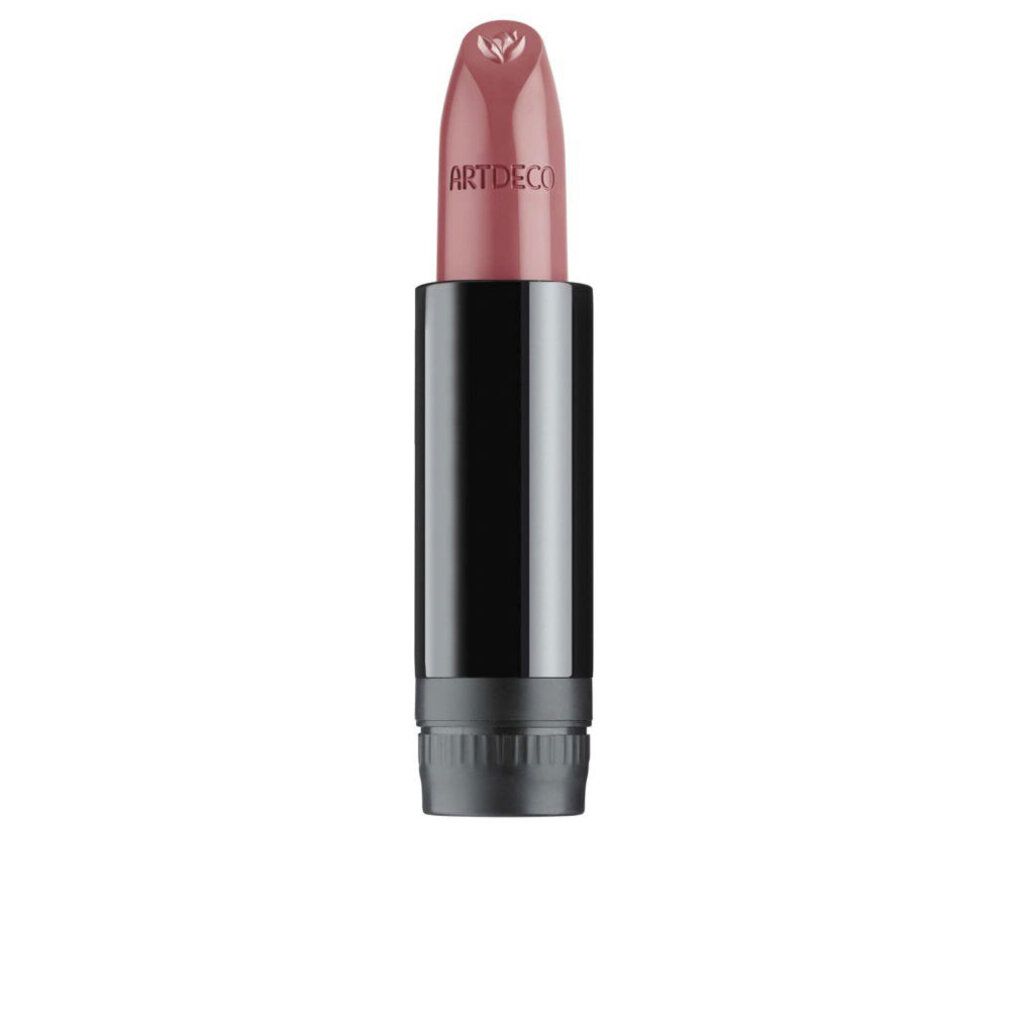 Lippenstift-Refill, rosa Farbe, schwarze Hülse, Marke Artdeco. Sichtbare Lippenstiftspitze mit Logo.