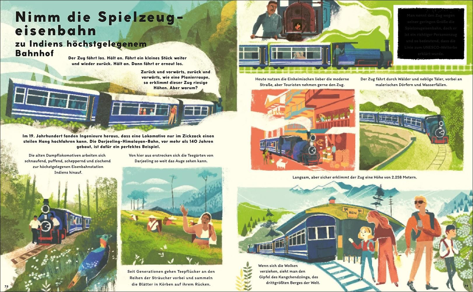 Doppelseite eines Kinderbuchs. Illustrationen zeigen eine blaue Eisenbahn in verschiedenen Szenen, mit Text.