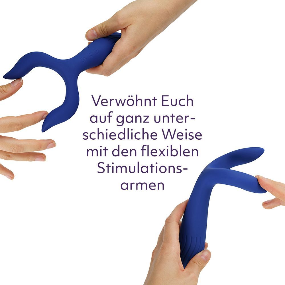 Zwei Hände halten den blauen Vibrator. Text: Verwöhnt Euch auf ganz unterschiedliche Weise mit den flexiblen Stimulationsarmen.