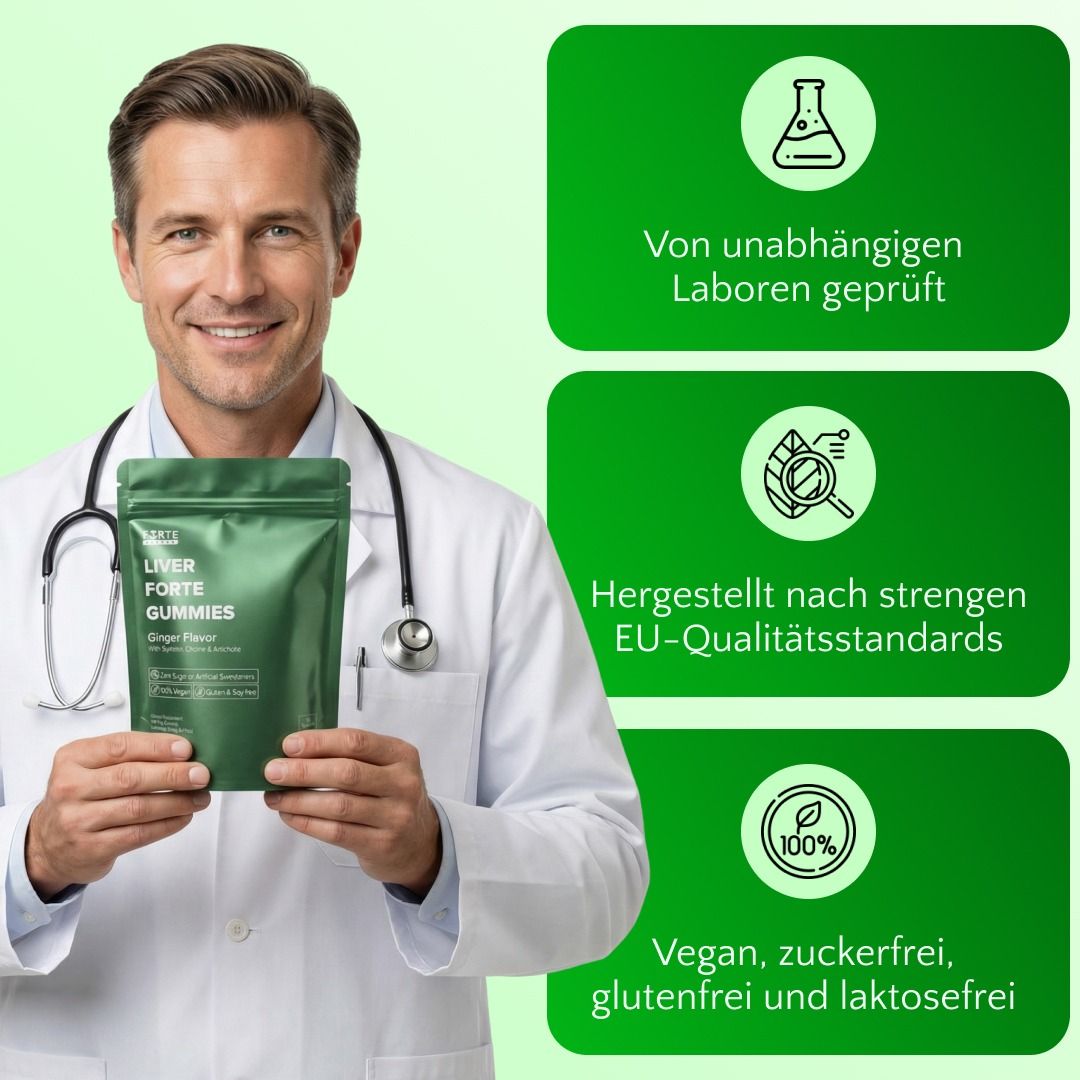 Arzt hält grüne Beutel mit Gummies. Text: Von unabhängigen Laboren geprüft, hergestellt nach EU-Qualitätsstandards, vegan.