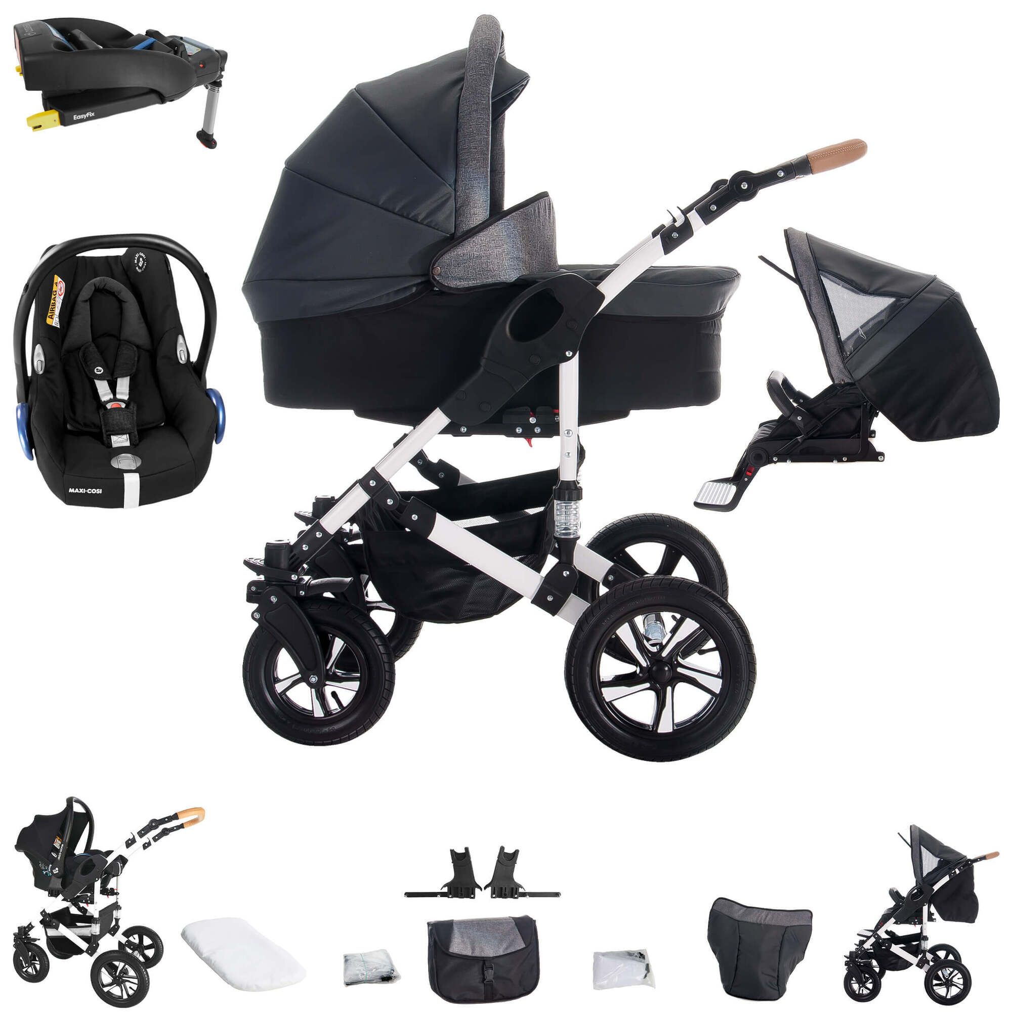 Kinderwagen-Set mit Babywanne, Sportsitz, Maxi Cosi, FamilyFix-Station und Zubehör. Schwarzes Gestell, schwarze Räder.