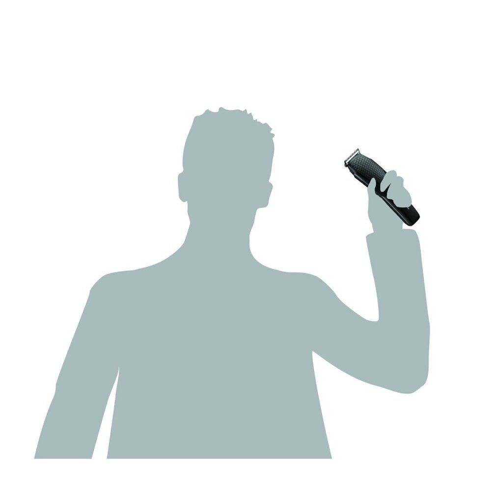 Silhouette einer Person, die einen Haarschneider hält. Der Haarschneider ist schwarz.